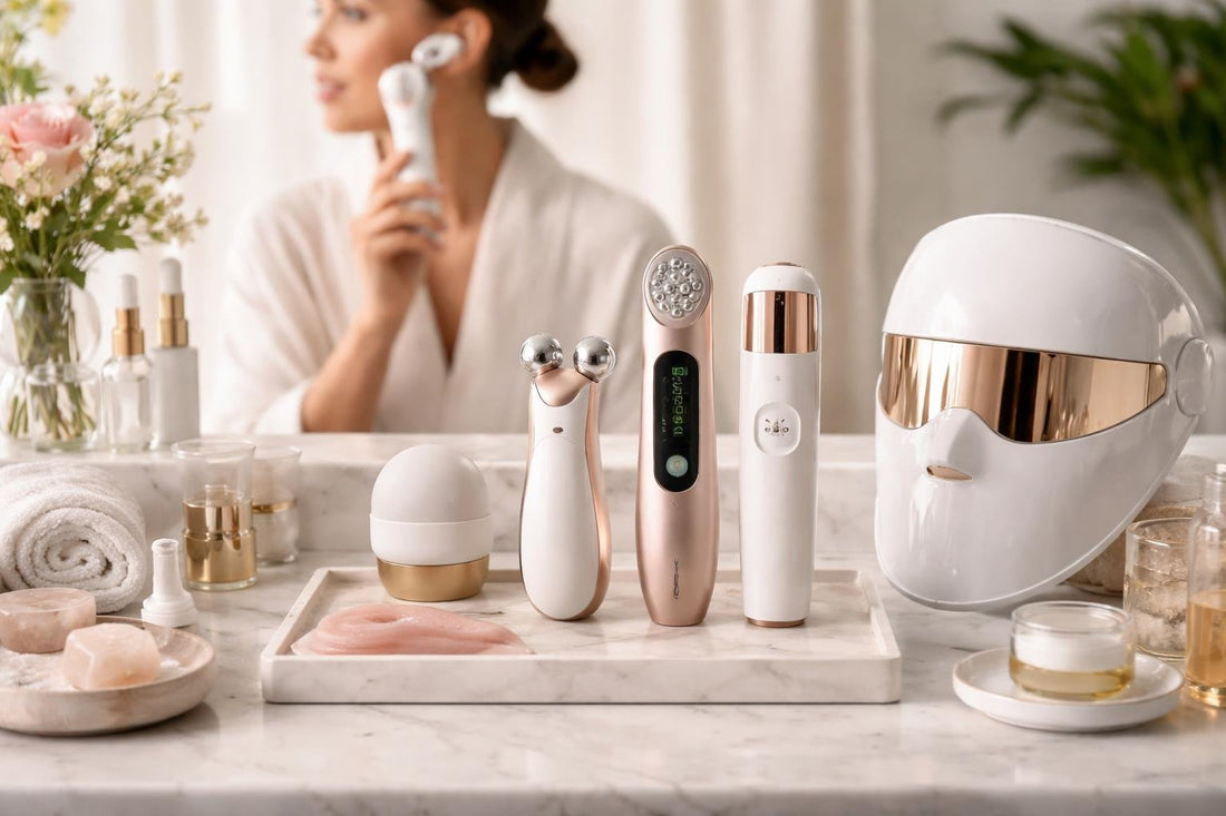 Person using anti aging facial device in home routine