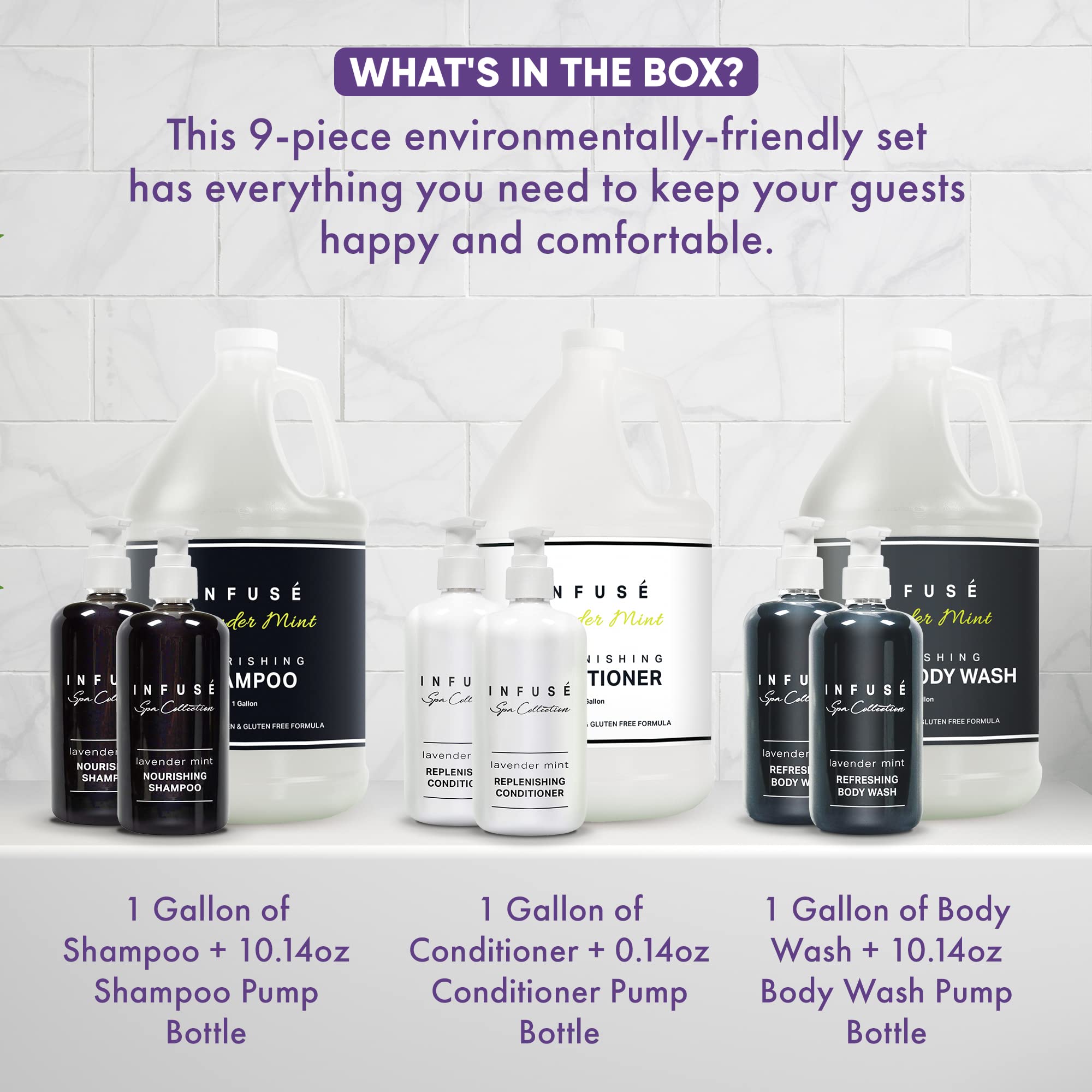 1-Shoppe All-in-Kit Infuse Lavender Mint body wash pump bottle, easy to refill in guest bathrooms.