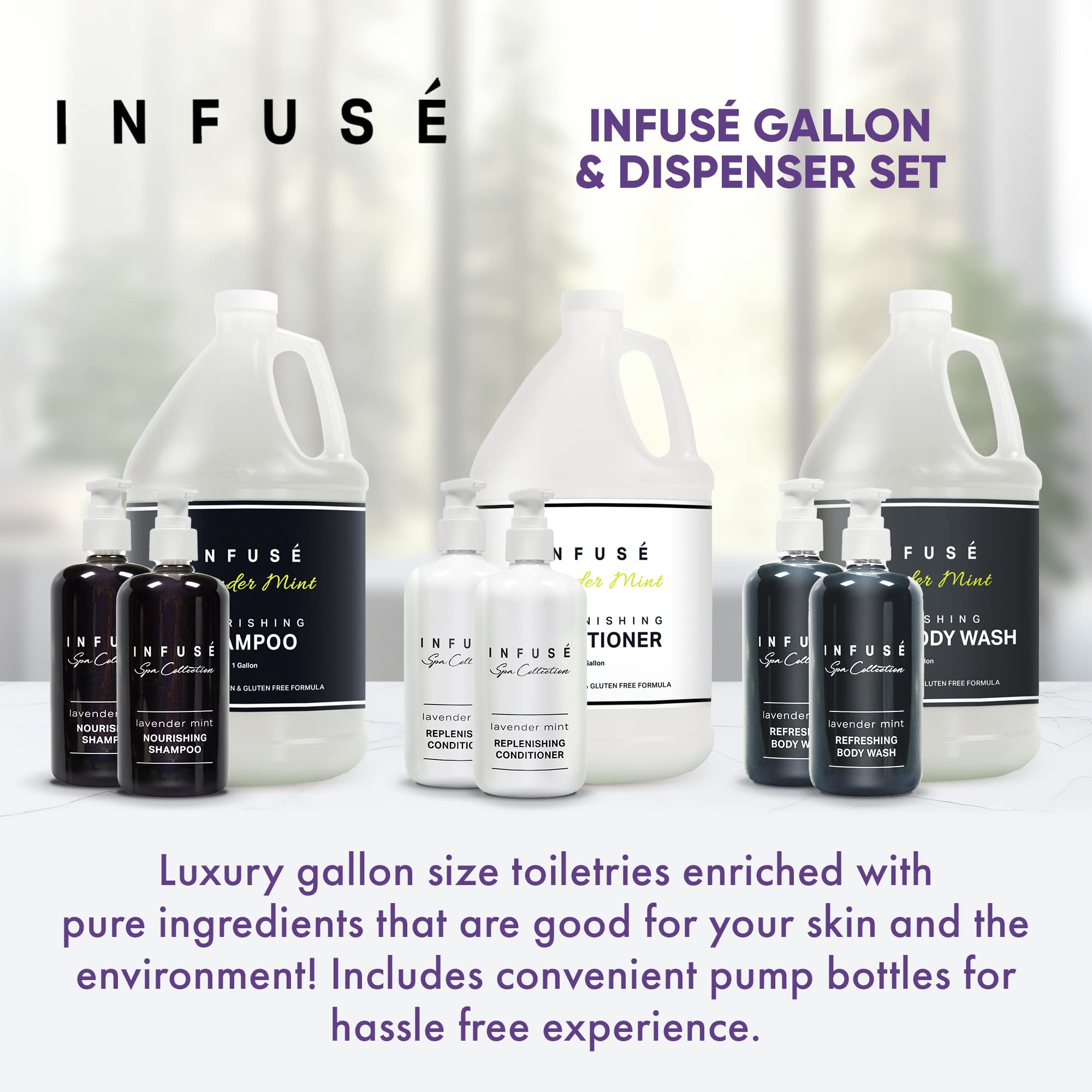 1-Shoppe All-in-Kit Infuse Lavender Mint shampoo pump bottle, ideal for guest room dispensers.