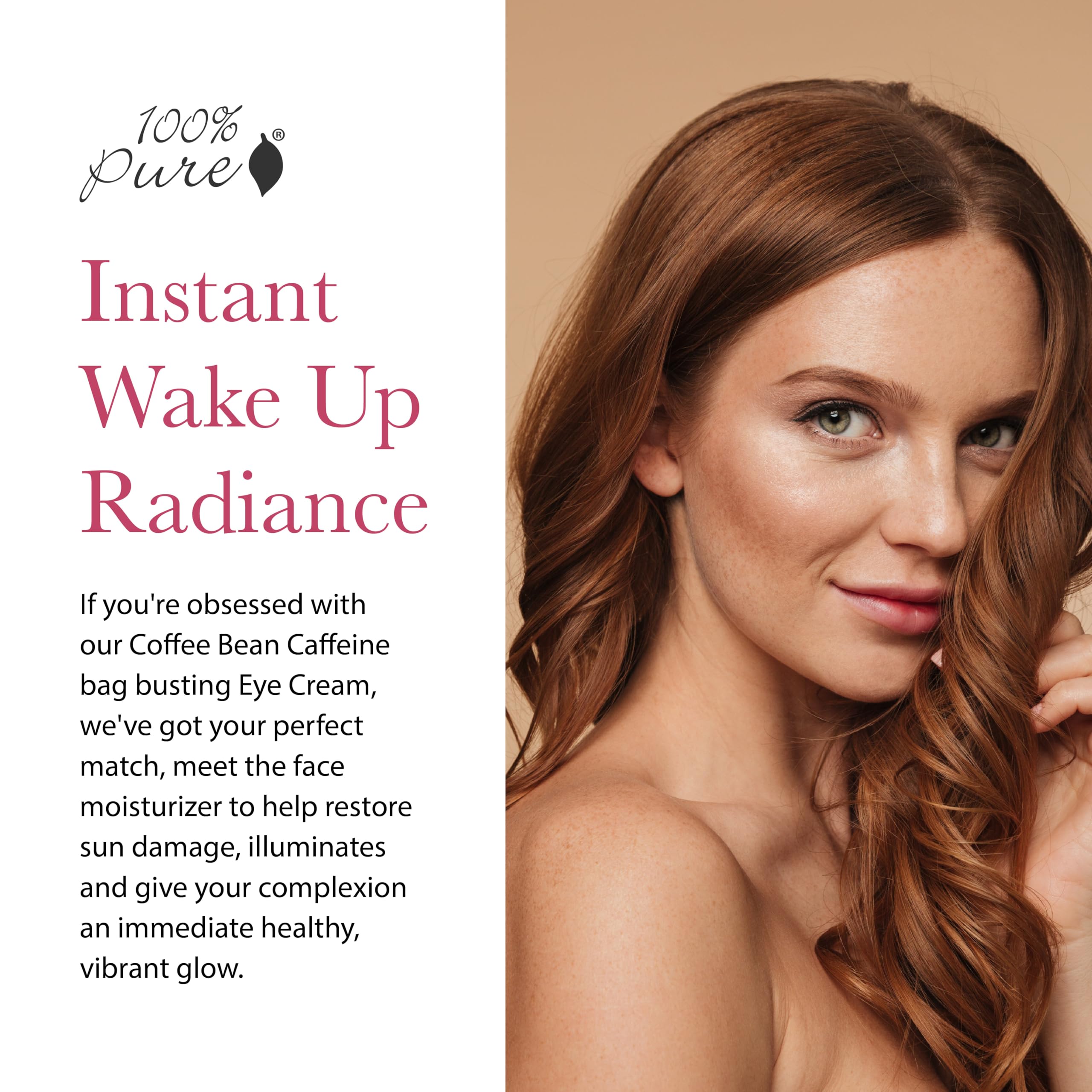 100% PURE Coffee Bean Caffeine Face Cream jar open showing creamy texture for dewy skin