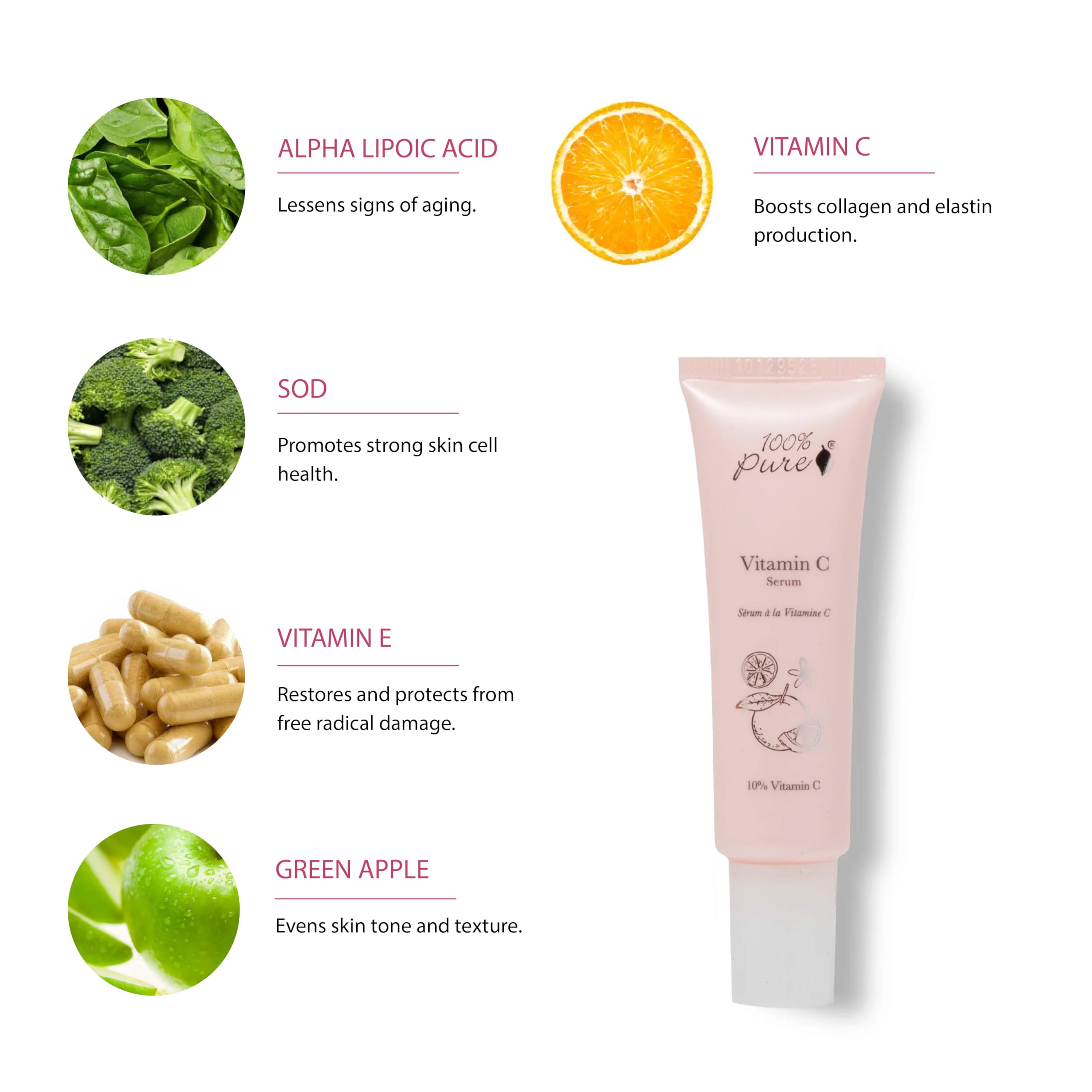 Grape imagery in 100% PURE Vitamin C Serum supporting glow and even tone