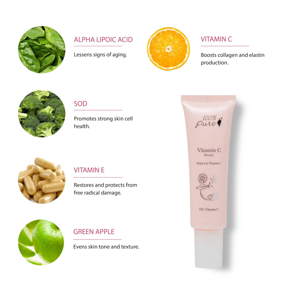 Grape imagery in 100% PURE Vitamin C Serum supporting glow and even tone