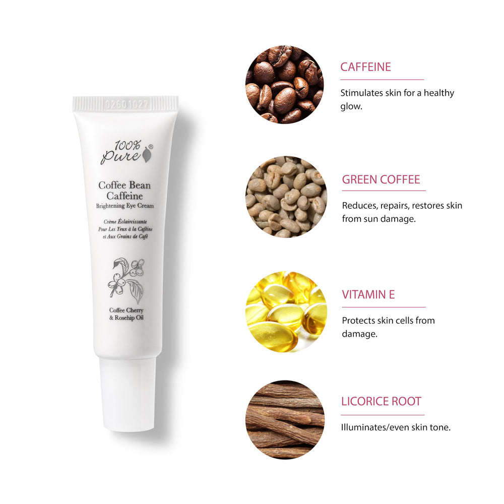 100% PURE Coffee Bean Caffeine Eye Cream rosehip oil ingredient signals nourishing care for the eye area.