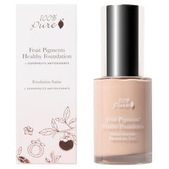 100% PURE Healthy Foundation bottle highlighting vegan, matte finish for fair warm undertones.