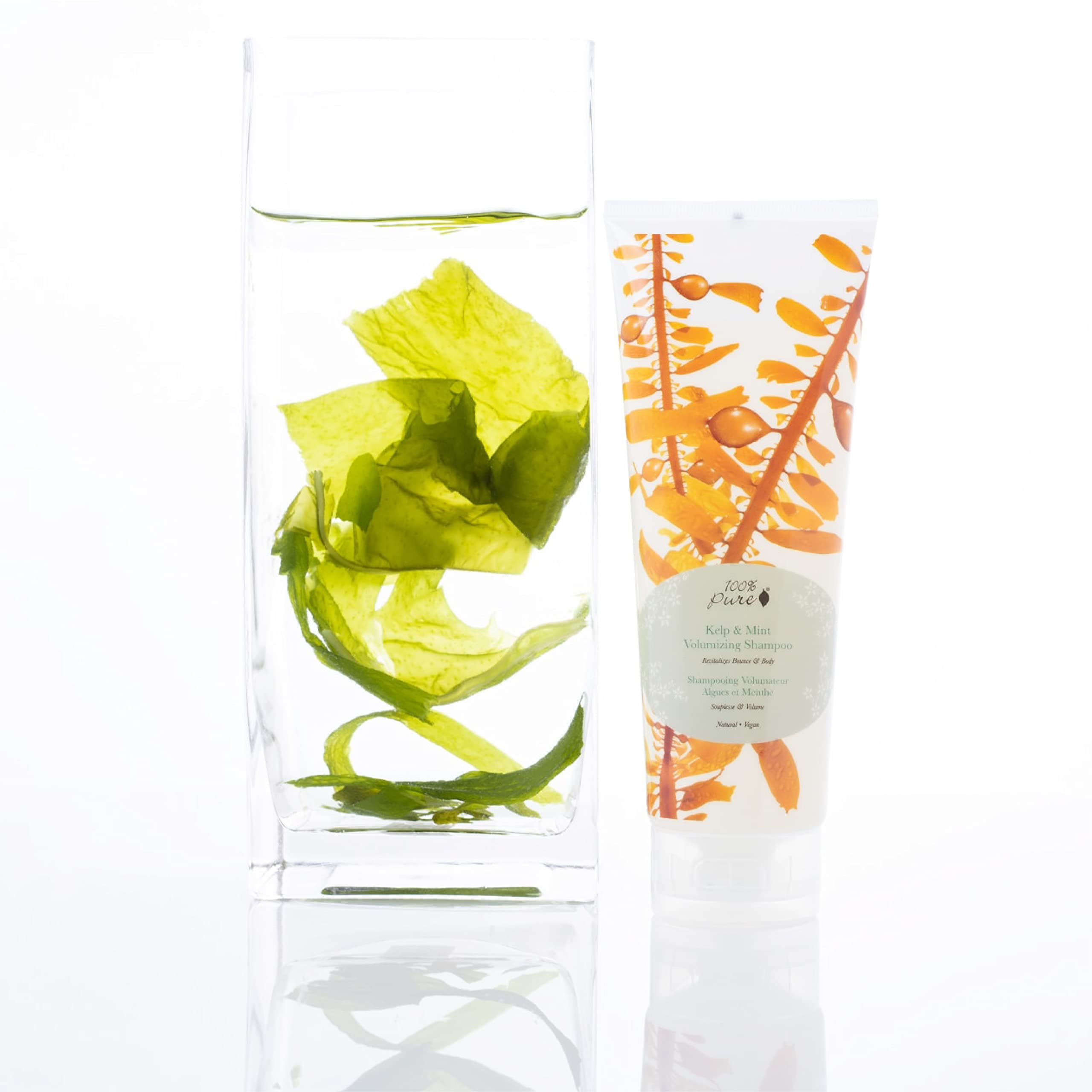 Ingredient panel highlights peppermint, nettle, and burdock in 100% PURE shampoo.