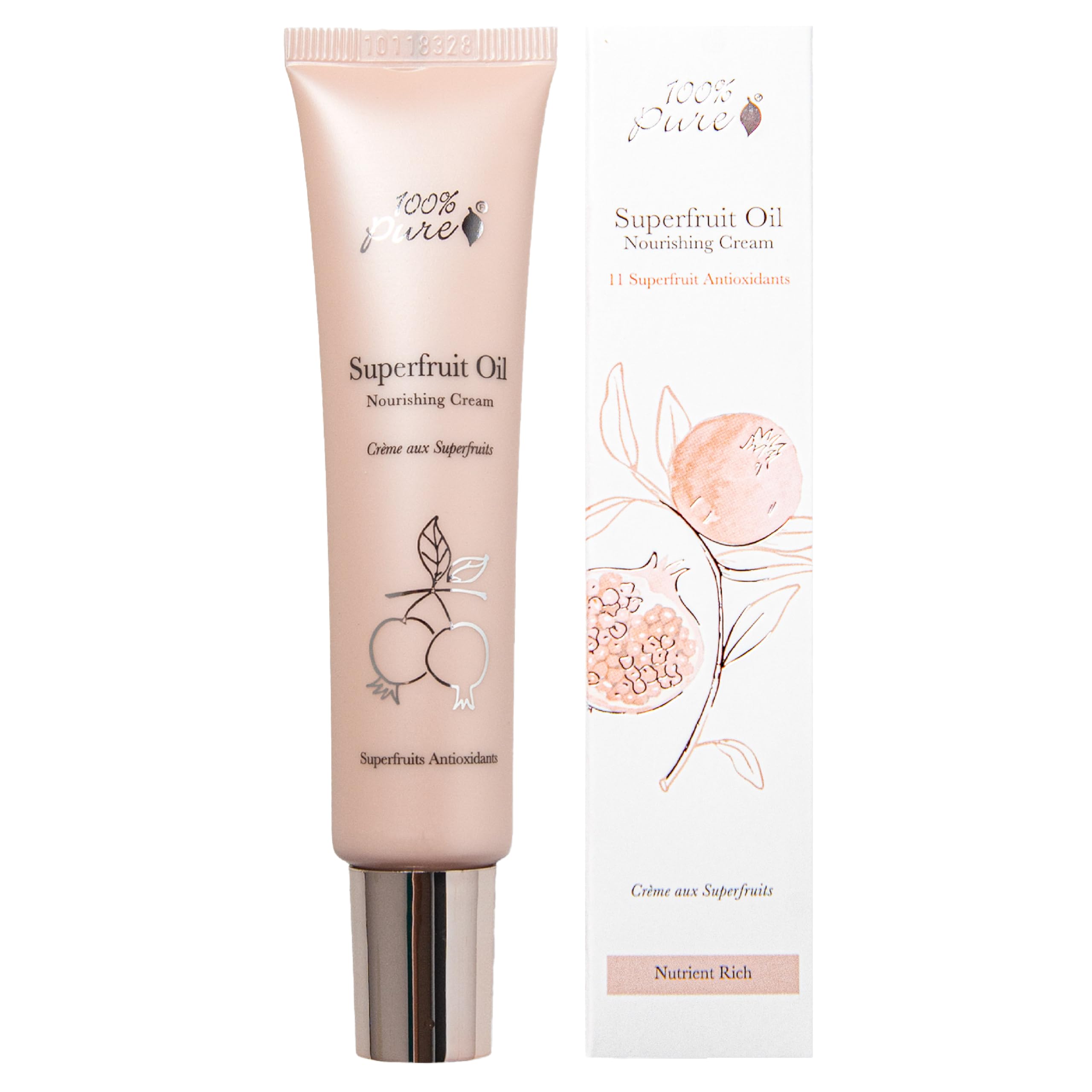 100% PURE Super Fruit Nourishing Cream bottle highlighting hydrating formula for dry skin.
