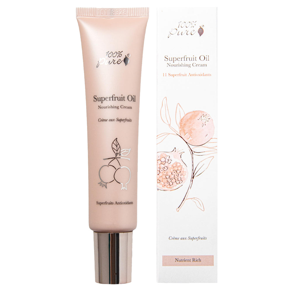 100% PURE Super Fruit Nourishing Cream bottle highlighting hydrating formula for dry skin.