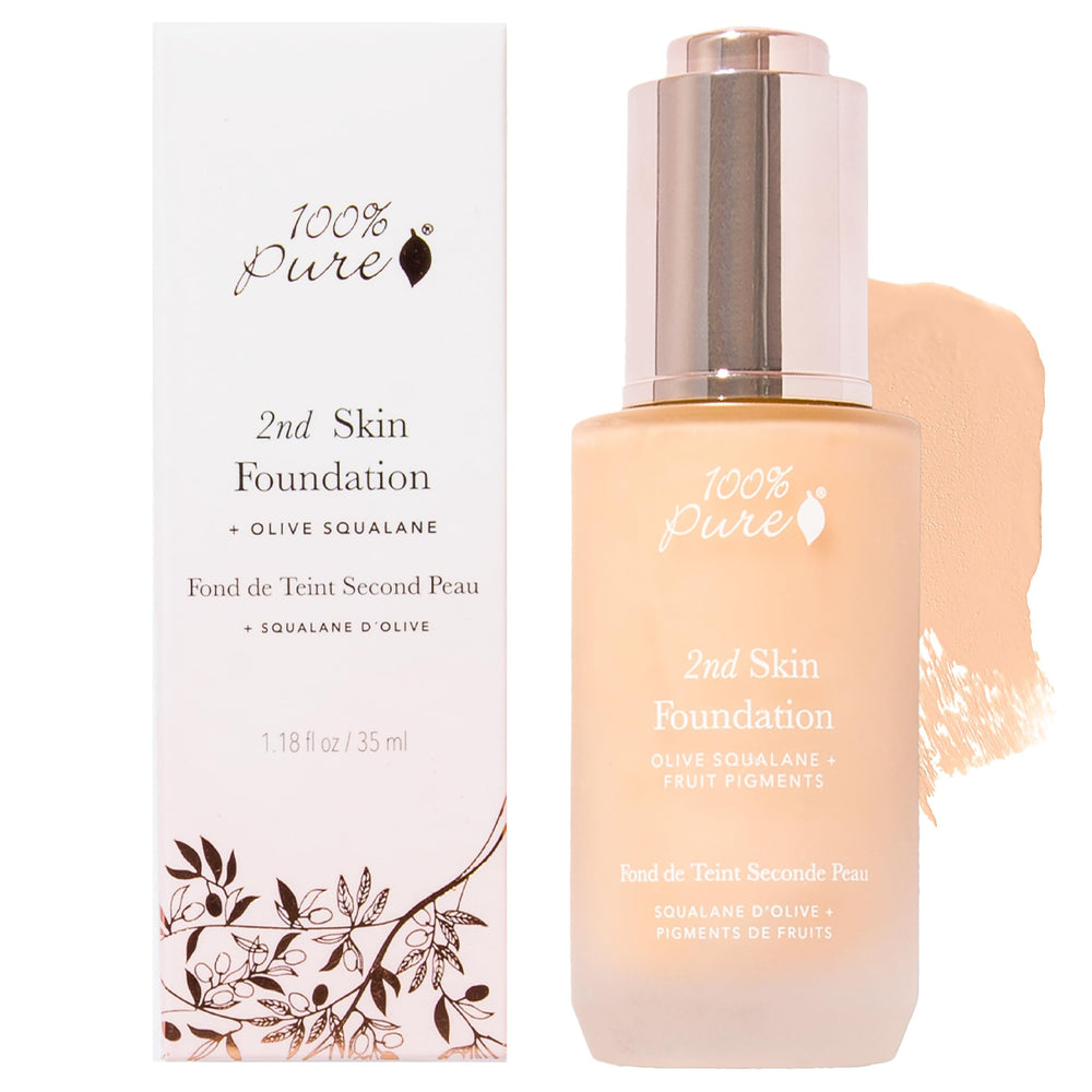 100% PURE 2nd Skin Foundation shade 4 bottle close-up with warm olive undertone for medium skin