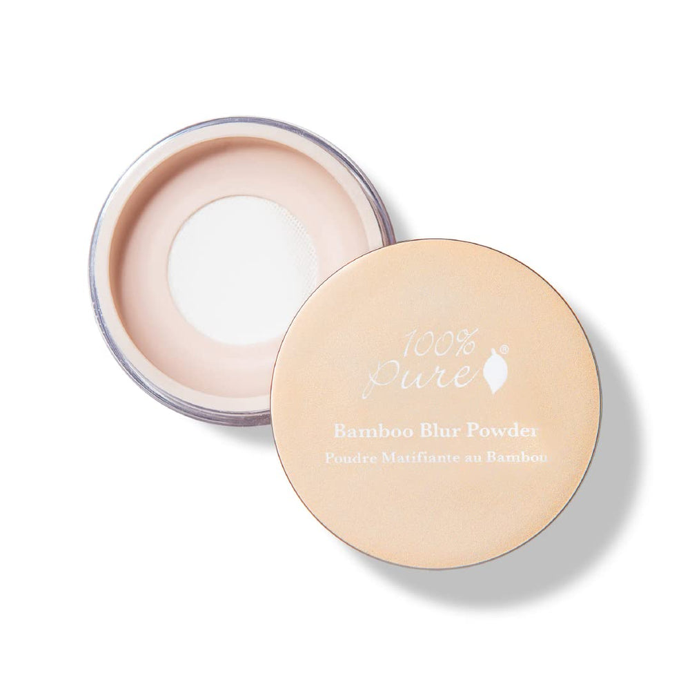 100percentpure bamboo blur powder compact opened, showing translucent finish for smoother pores.