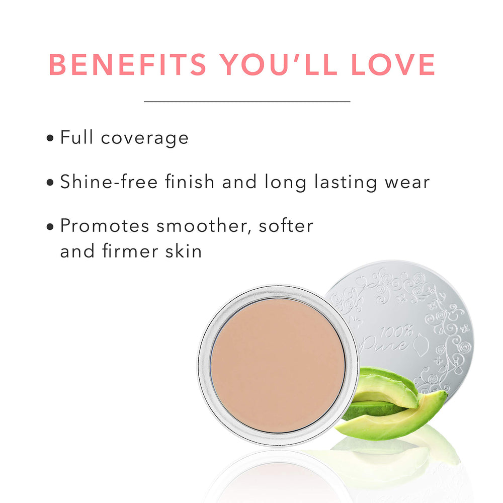 100% PURE Cream Foundation Concealer Sand swatch demonstrates buildable coverage for daily wear.
