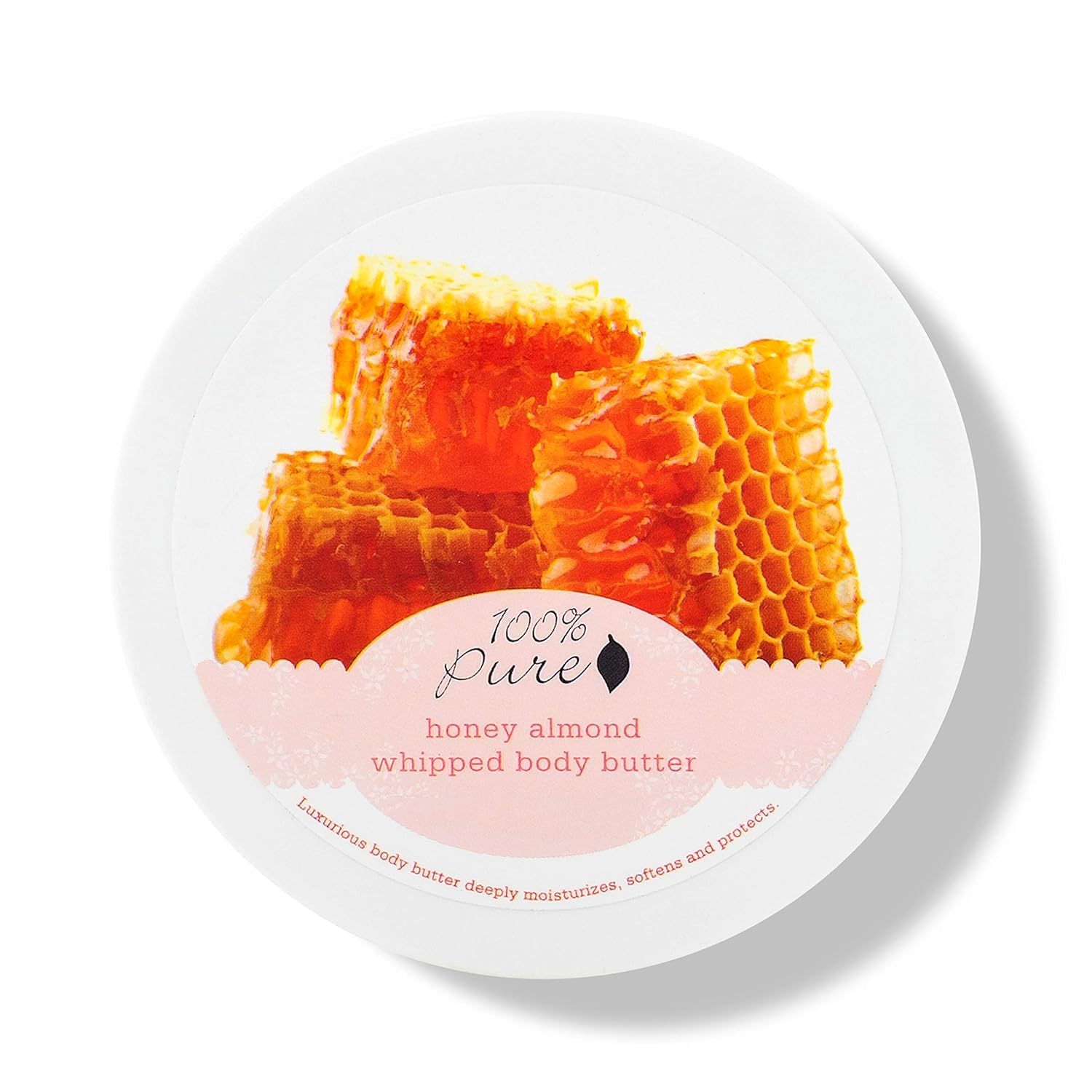 100% PURE Honey Almond Whipped Body Butter jar delivering deep hydration for dry skin