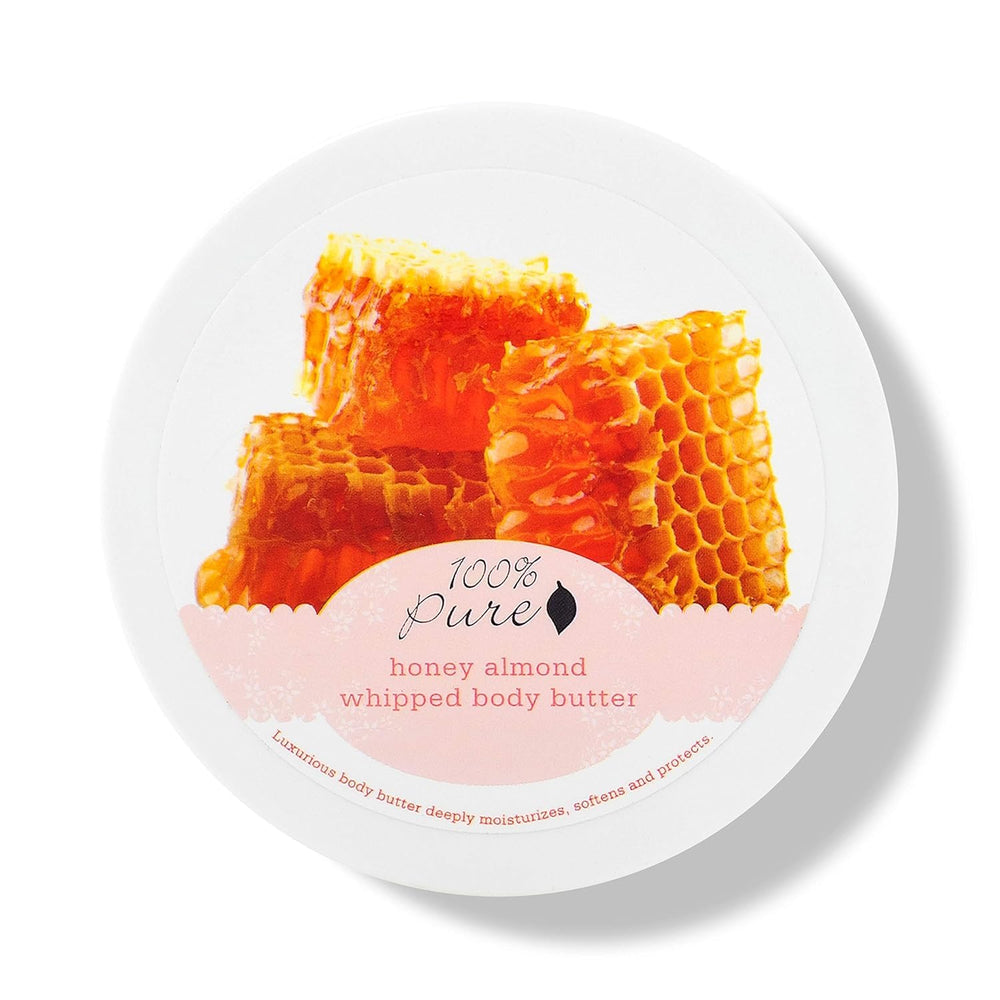 100% PURE Honey Almond Whipped Body Butter jar delivering deep hydration for dry skin