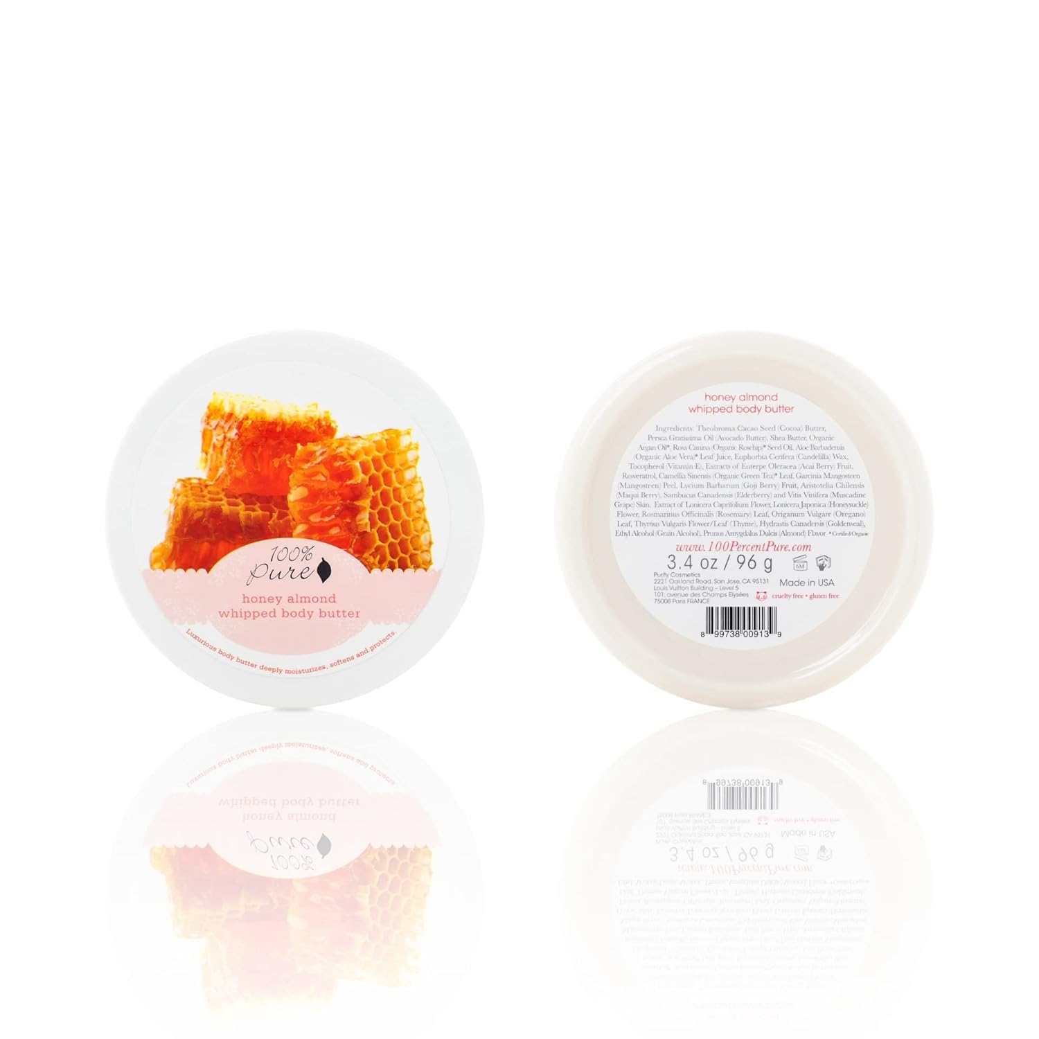 100% PURE Honey Almond Whipped Body Butter label showing vegan, cruelty-free formula