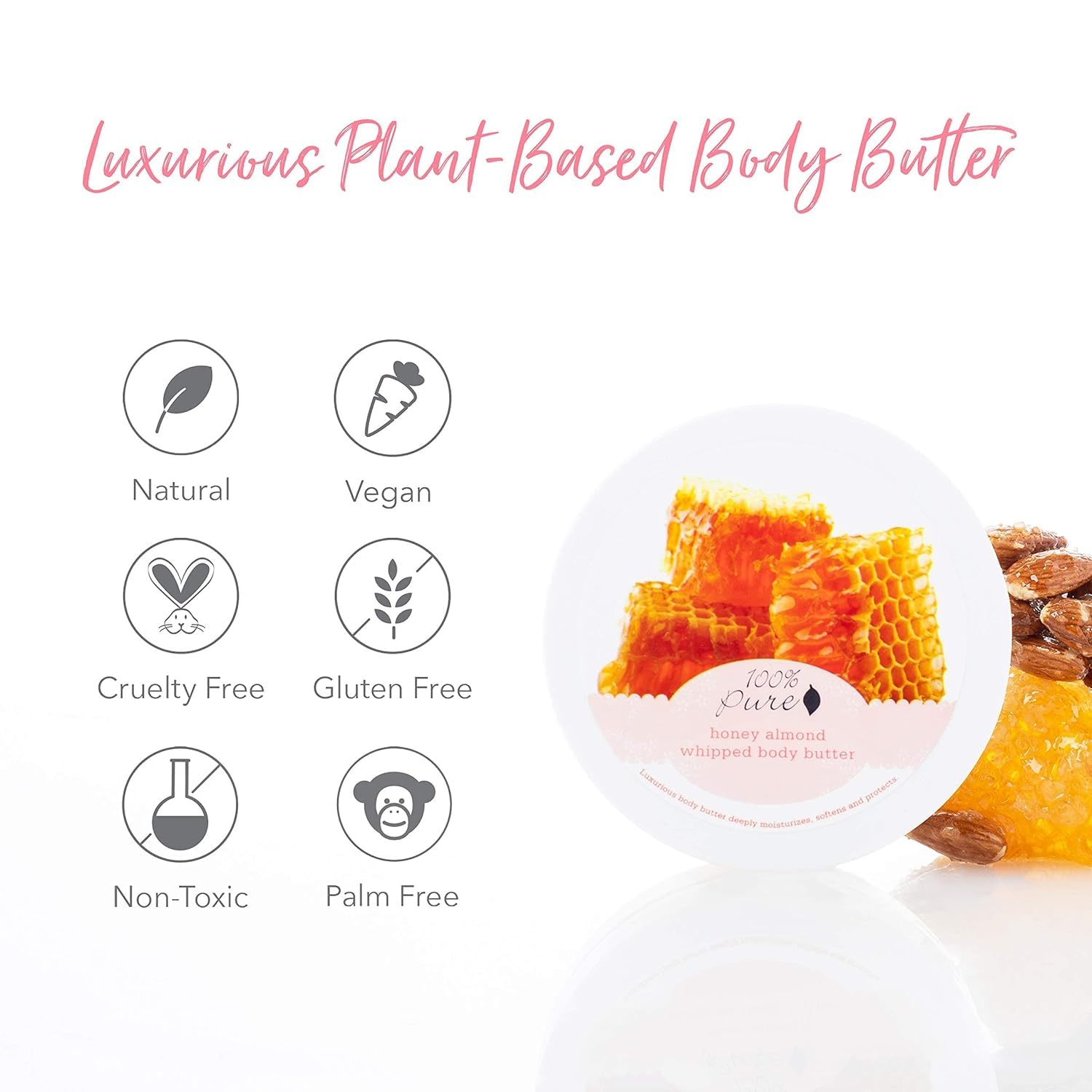Packaging view of 100% PURE Honey Almond Whipped Body Butter in a compact 3.4 oz size