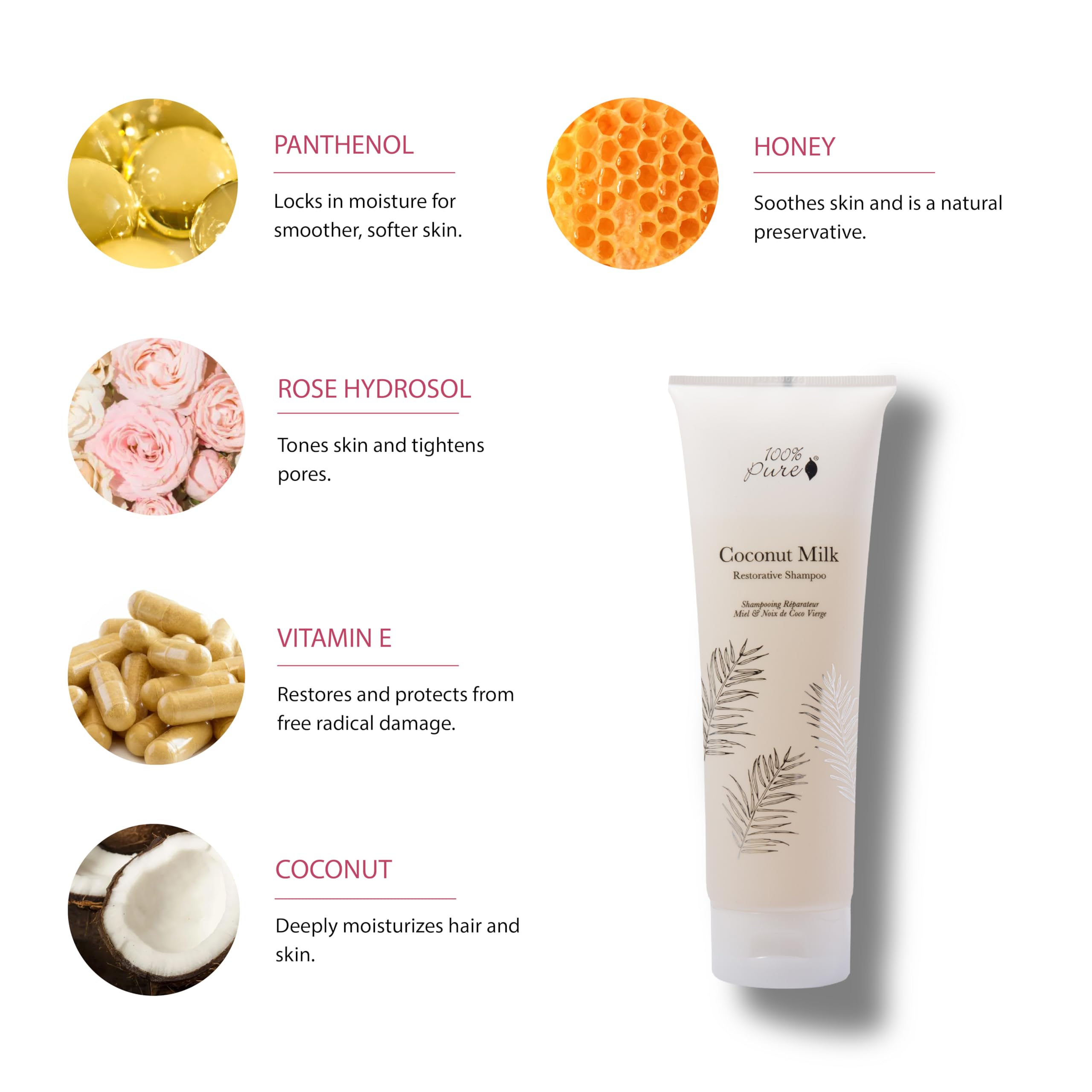 Silky, hydrated post-wash hair with 100% PURE Honey & Coconut Restorative Shampoo