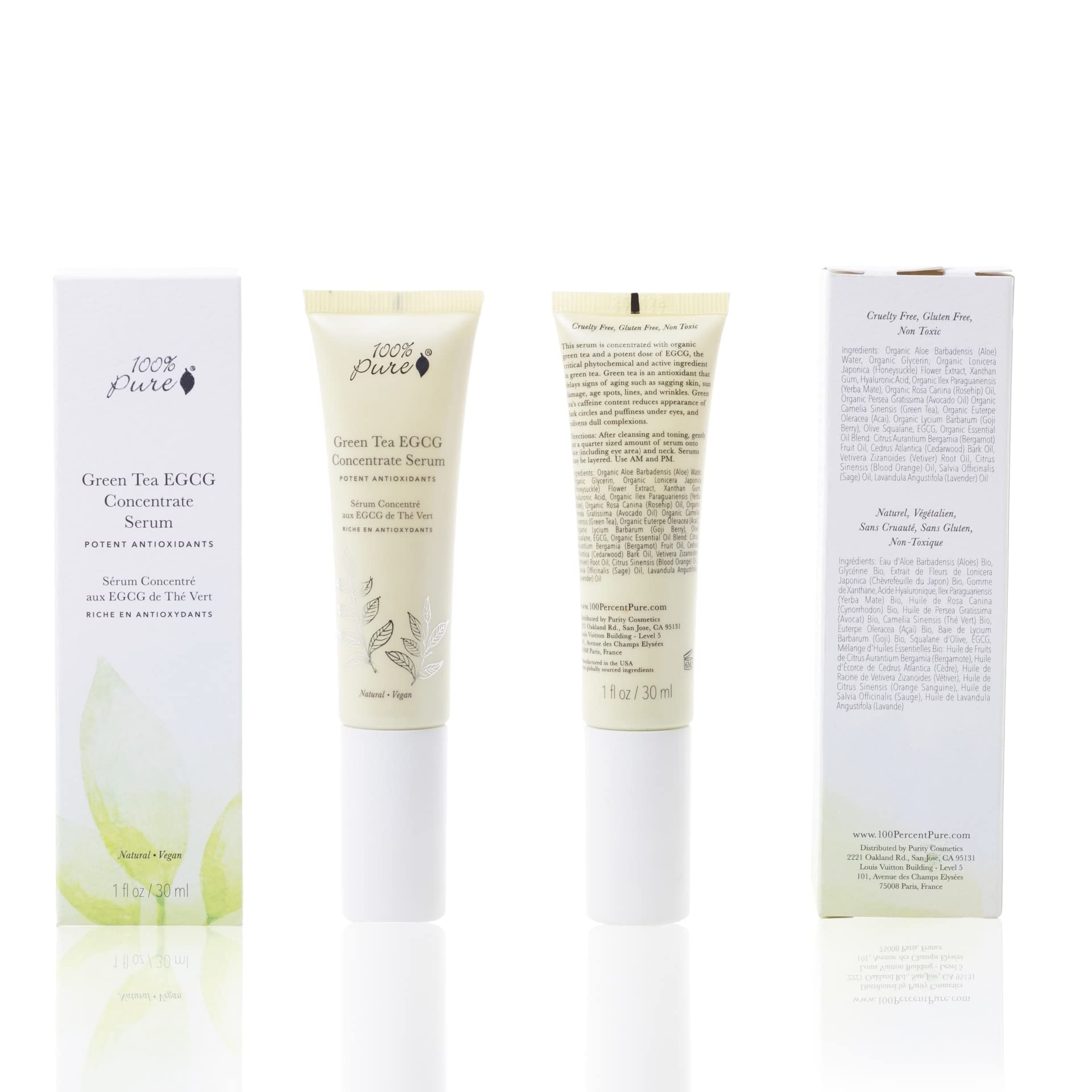 100% PURE serum shows hyaluronic acid for hydration.