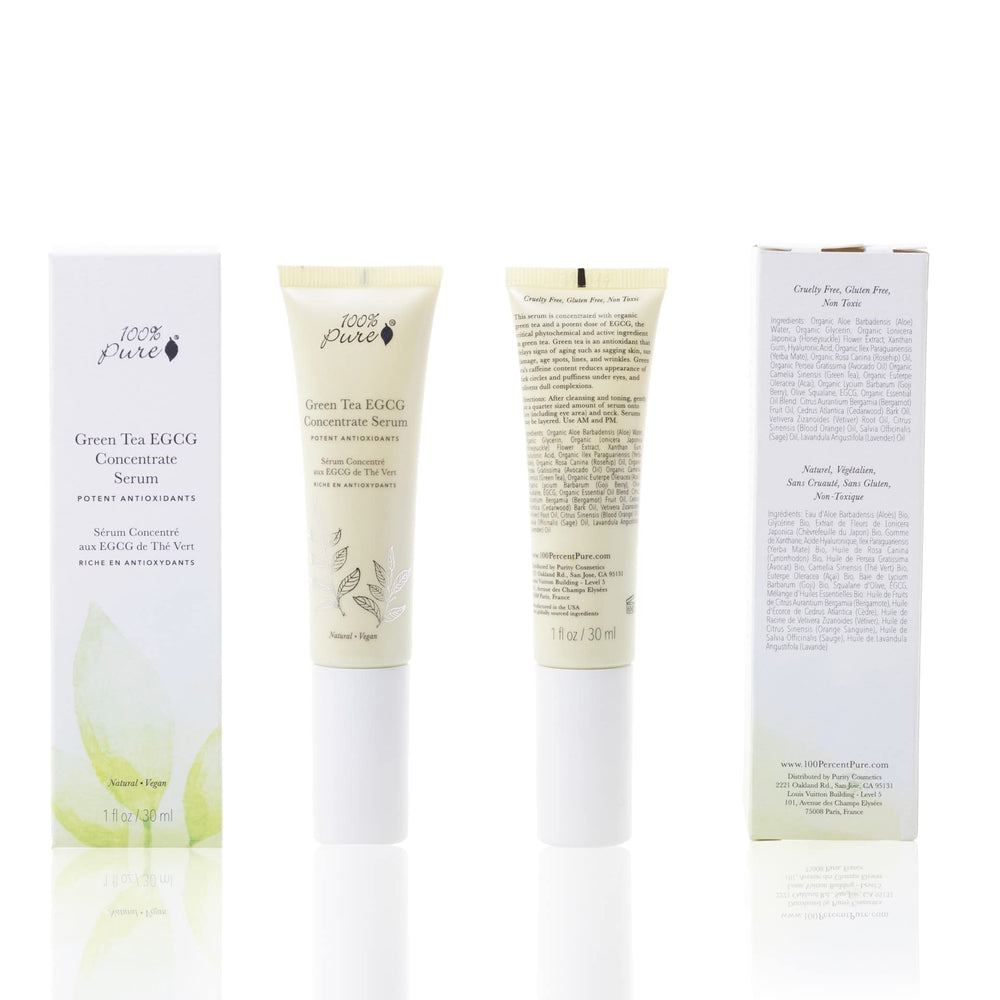 100% PURE serum shows hyaluronic acid for hydration.