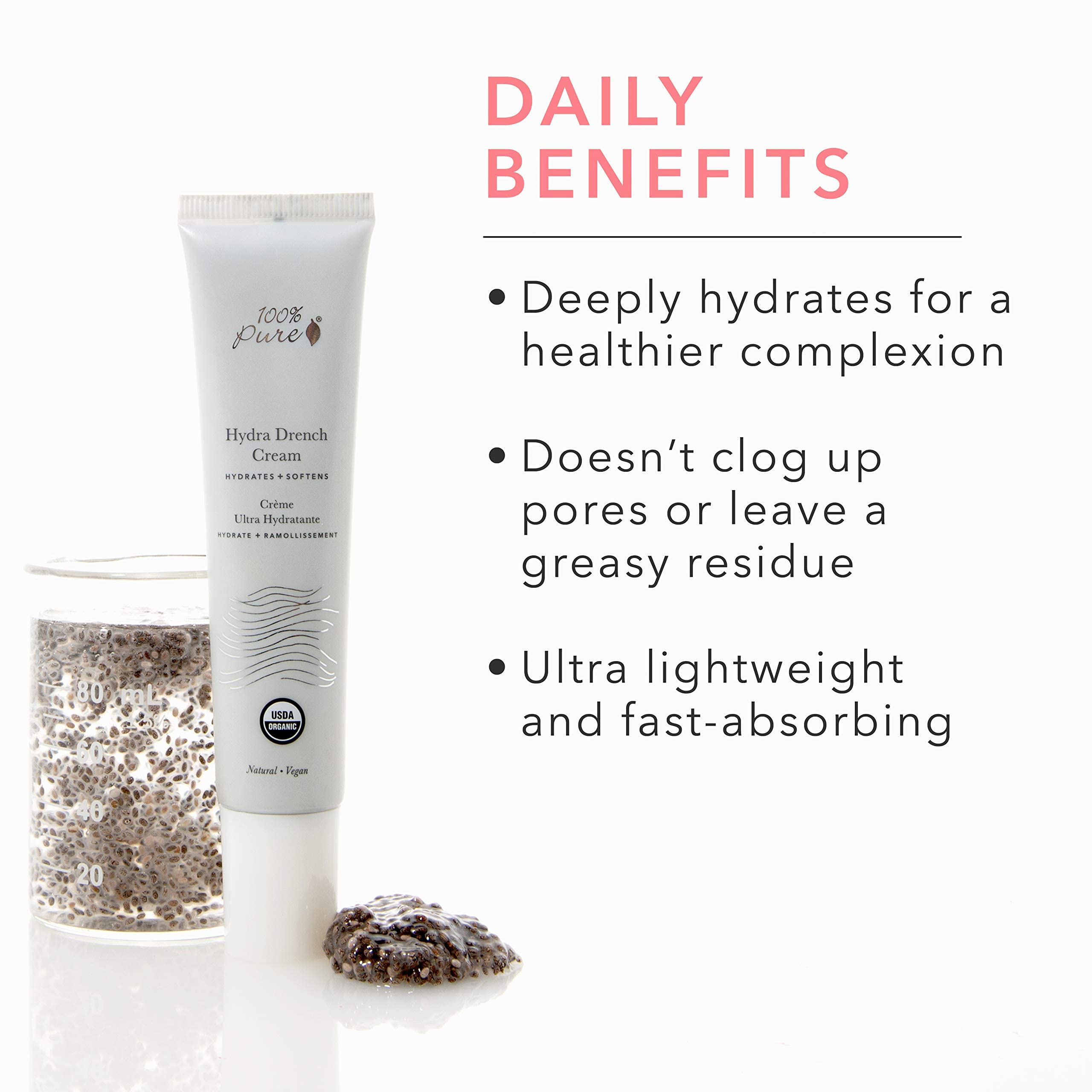100% PURE Hydra Drench Cream bottle with pump demonstrates lightweight hydration for oily skin.