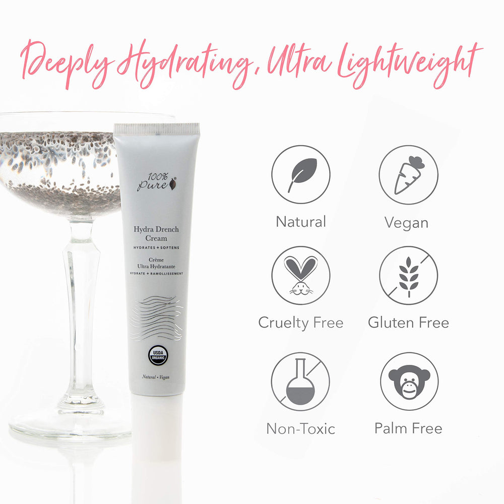 Chia seed gel feature in 100% PURE Hydra Drench Cream delivers omega-rich nourishment.