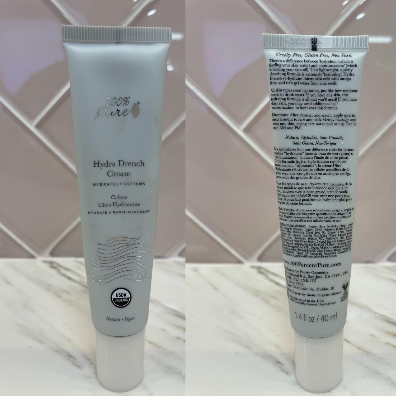 Label of 100% PURE Hydra Drench Cream notes vegan plant-based formula for daily care.