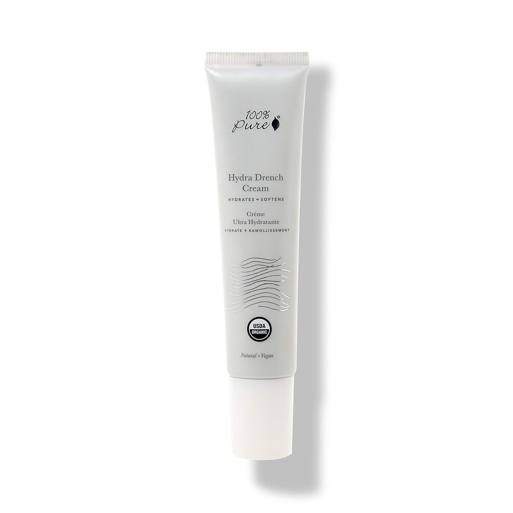 100% PURE Hydra Drench Cream packaging with a sleek pump for effortless daily hydration.