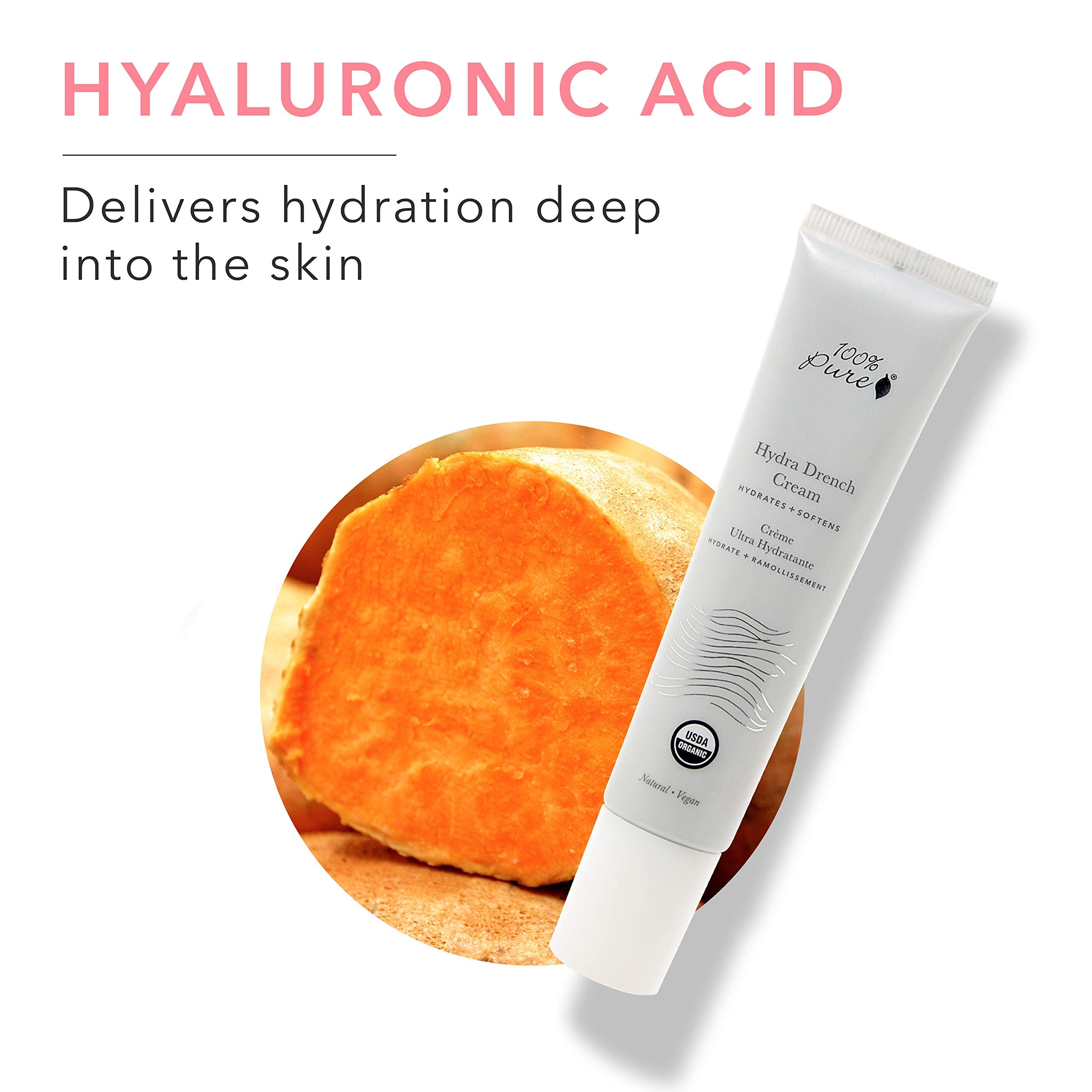 Texture close-up of 100% PURE Hydra Drench Cream showing silky, fast-absorbing moisture.