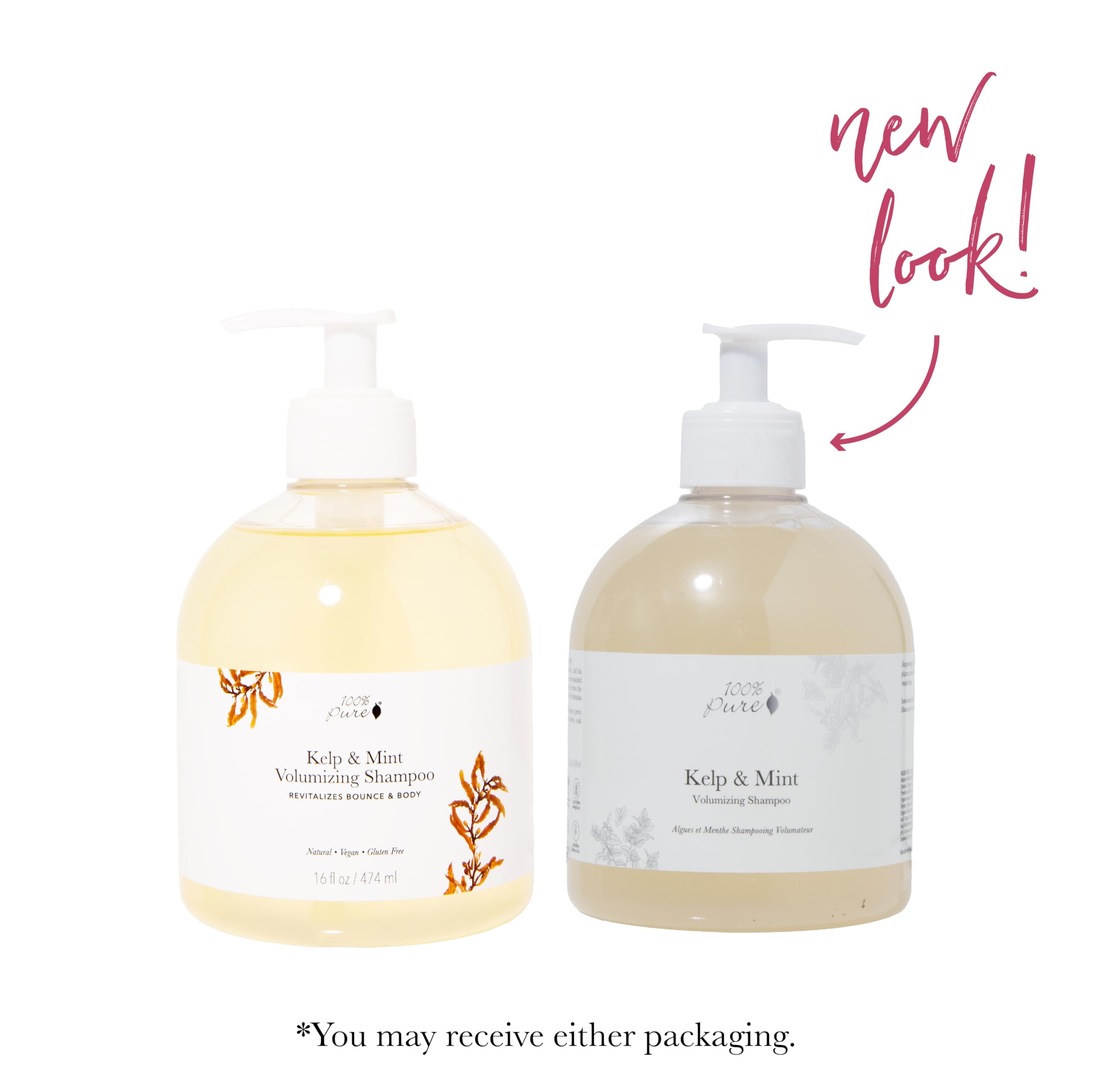 100% PURE Kelp & Mint Shampoo ingredients highlight sea kelp and peppermint botanicals.
