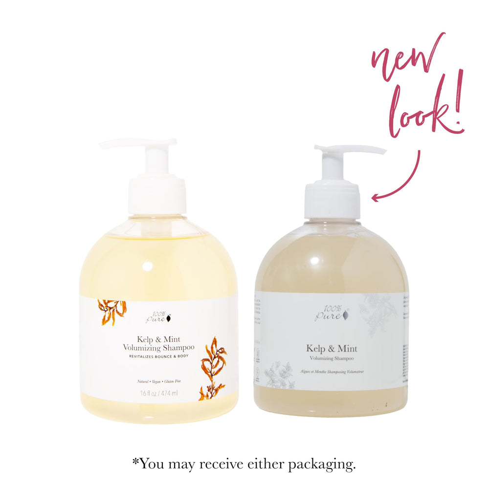 100% PURE Kelp & Mint Shampoo ingredients highlight sea kelp and peppermint botanicals.