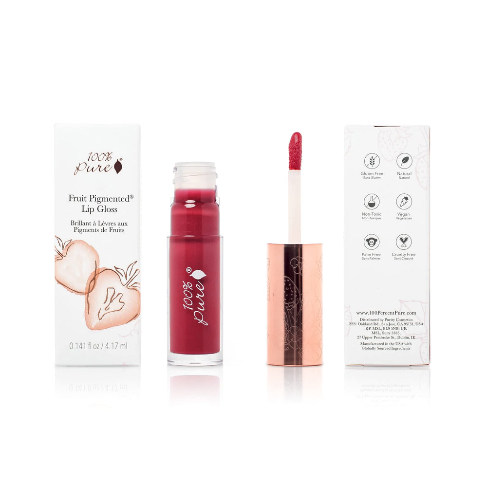 100% Pure lip gloss with fruit pigmented berry red tint for natural color