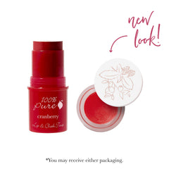 100% PURE lip-tint Cranberry Glow application close-up shows creamy texture for layering.