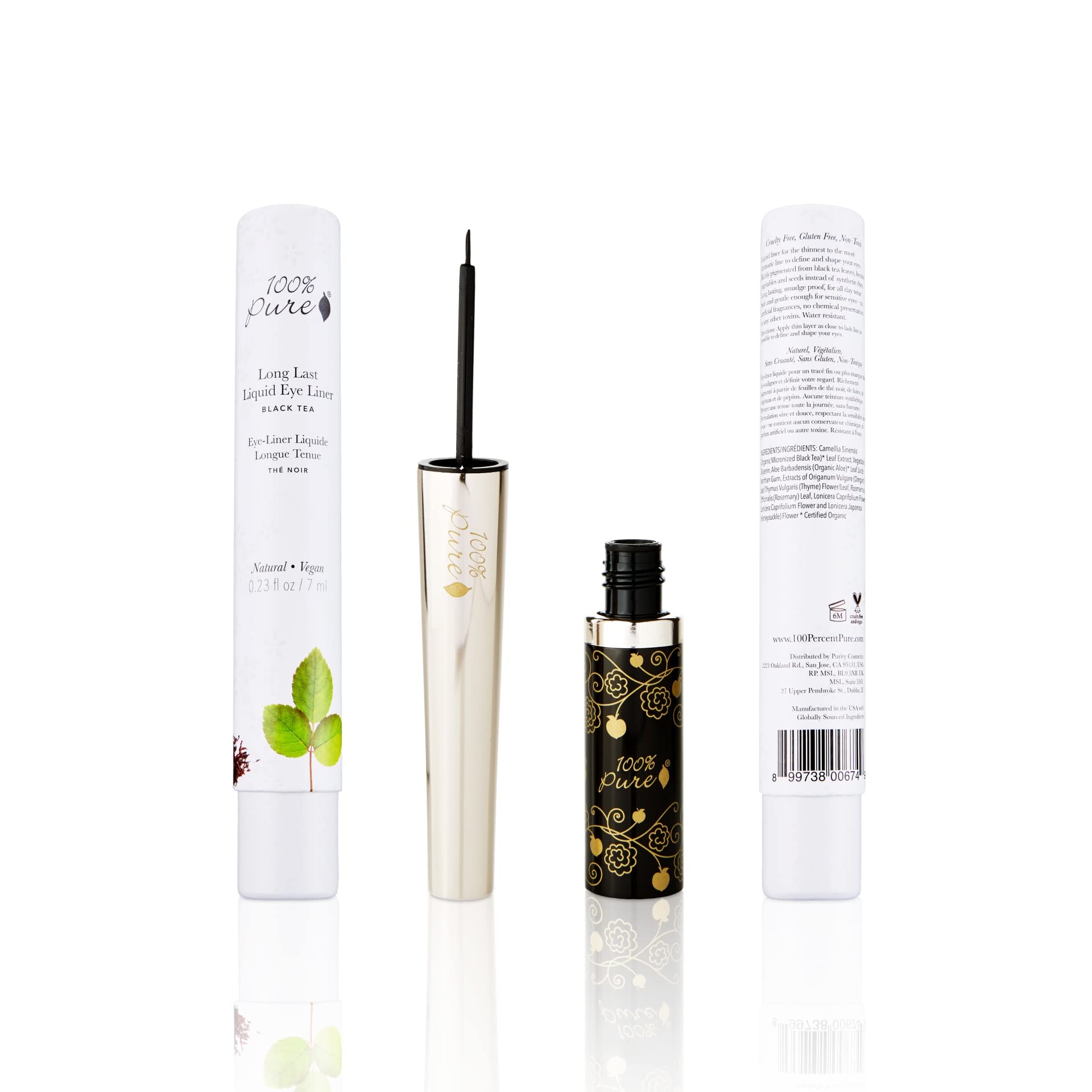 100% PURE eyeliner applied for a cat-eye look with a smooth glide.