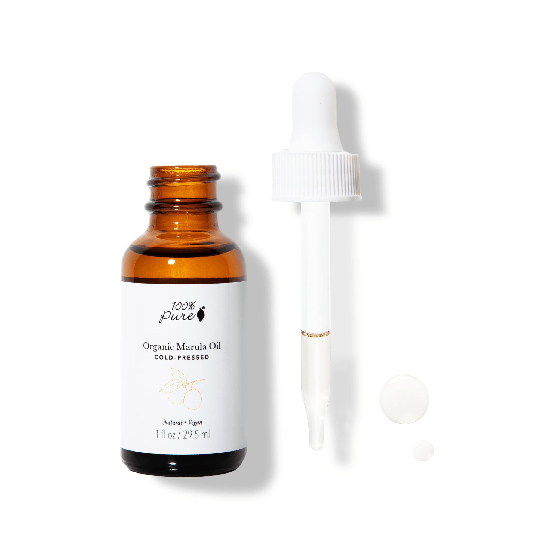 100% PURE Marula Oil bottle pour showing quick-absorb hydration for face and hair