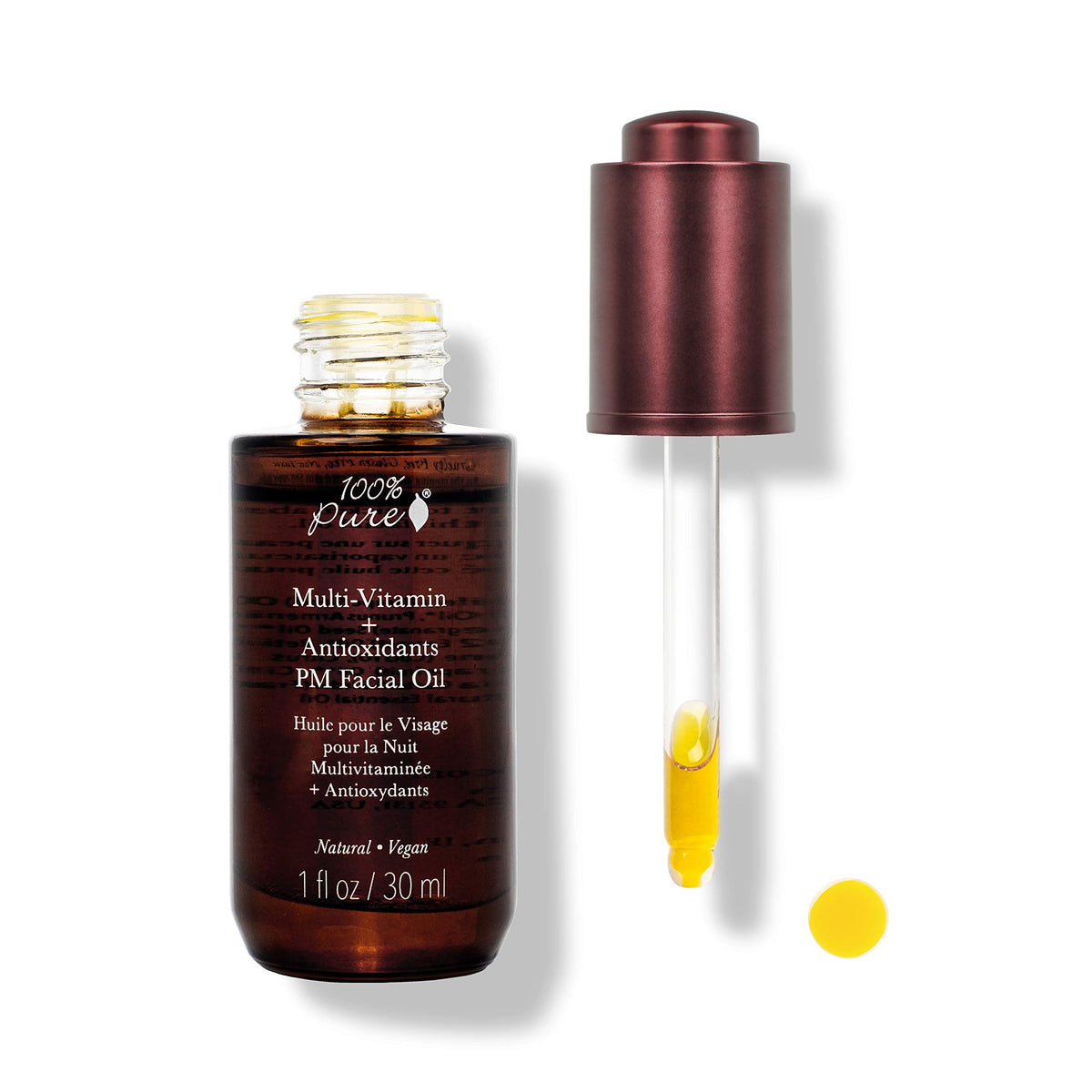 100% Pure Multi-Vitamin + Antioxidants PM Oil bottle for nightly routine.