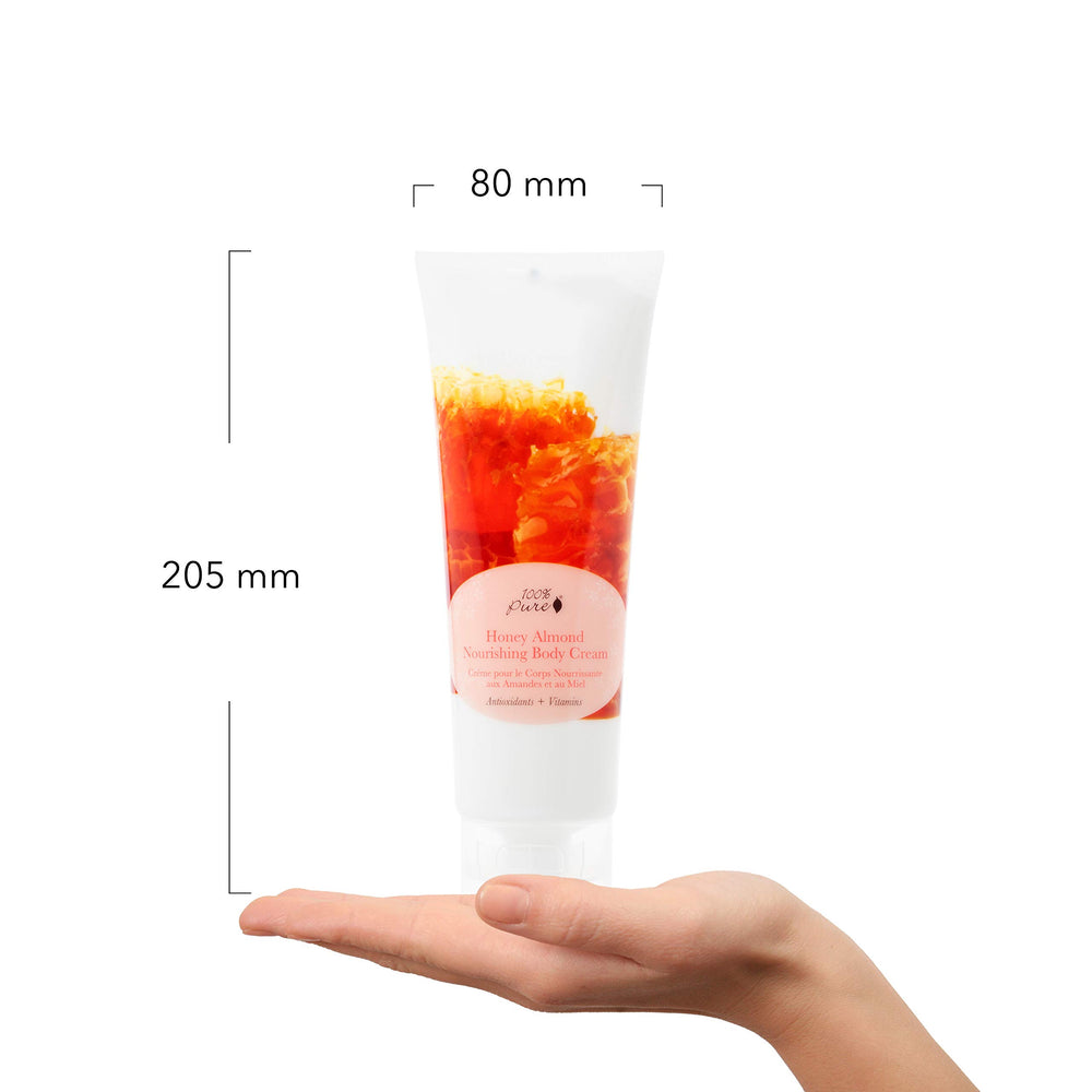 Packaging of 100% PURE Nourishing Body Cream Honey Almond on shelf