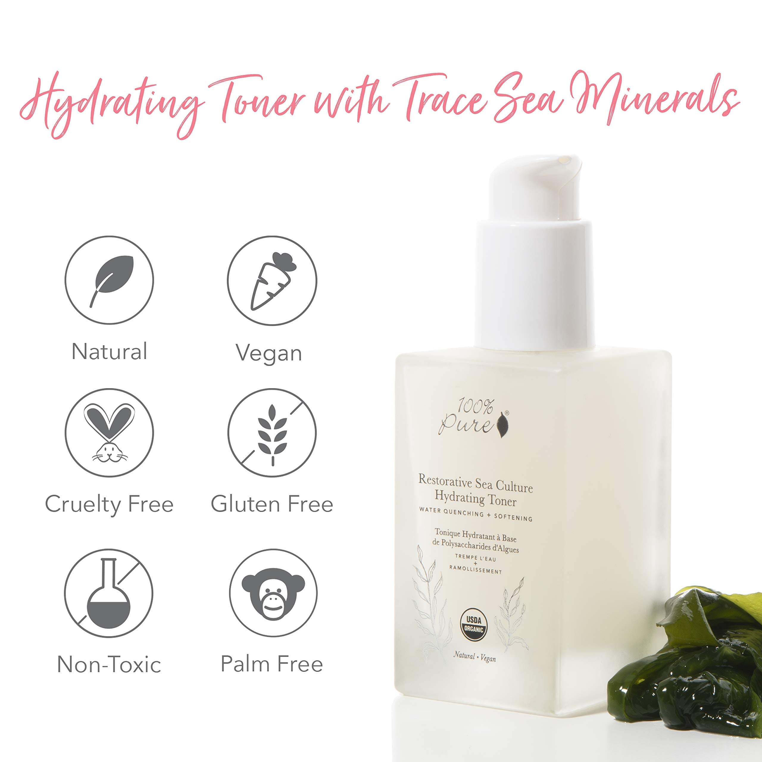 100% PURE Restorative Sea Essence Toner organic witch hazel feature.