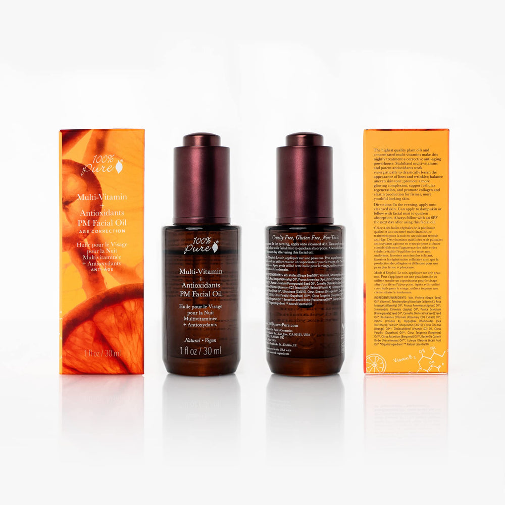Closeup of 100% Pure PM facial oil dispenser for easy night-time use.