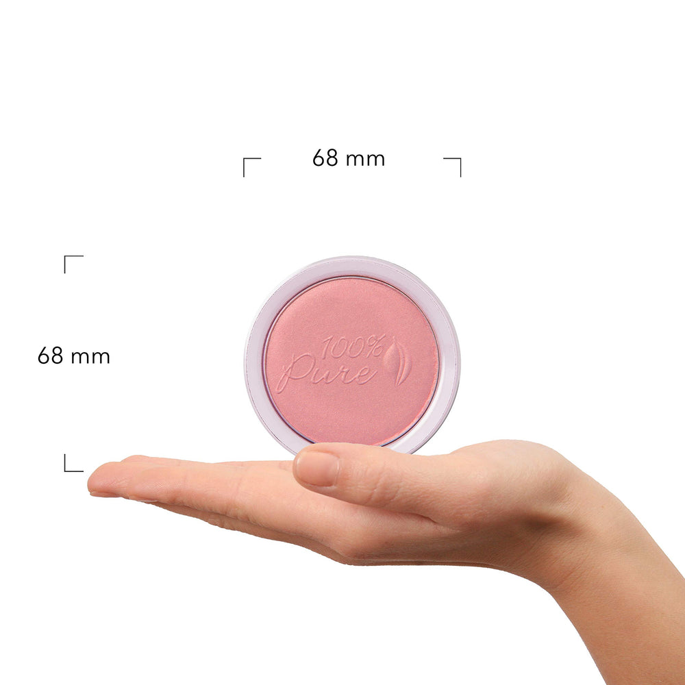 100% PURE Powder Blush Soft Pink application shot suggests quick daily wear.