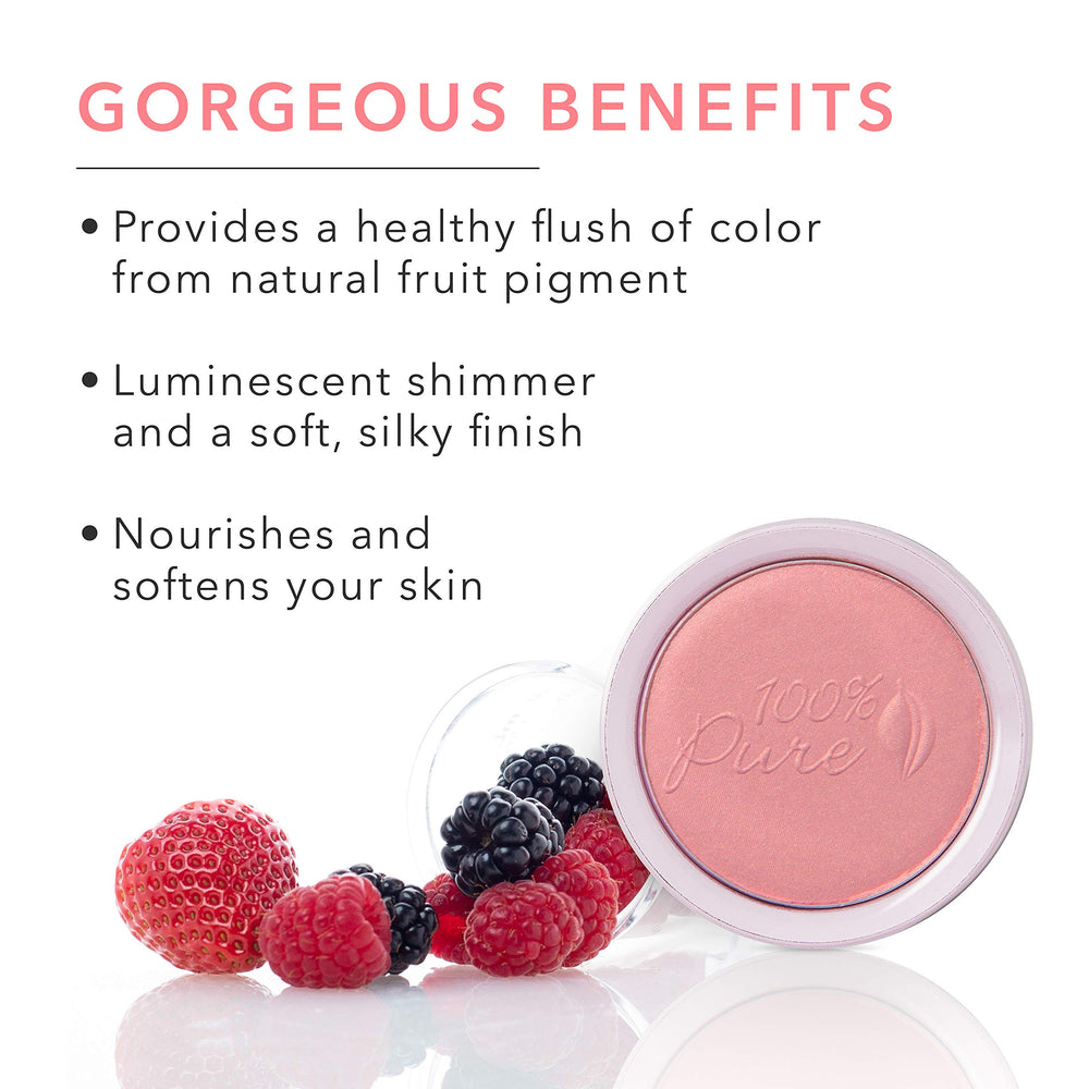 100% PURE Powder Blush Soft Pink swatch reveals buildable color for day-to-night looks.