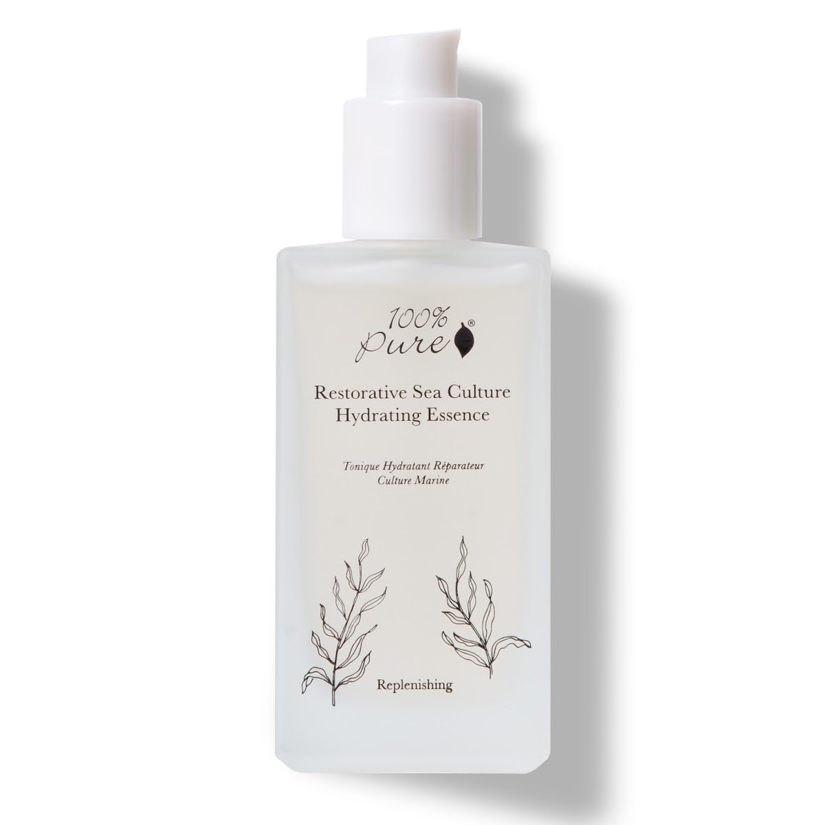 100% PURE Restorative Sea Essence Toner bottle shows hydrating formula for moisturized skin.