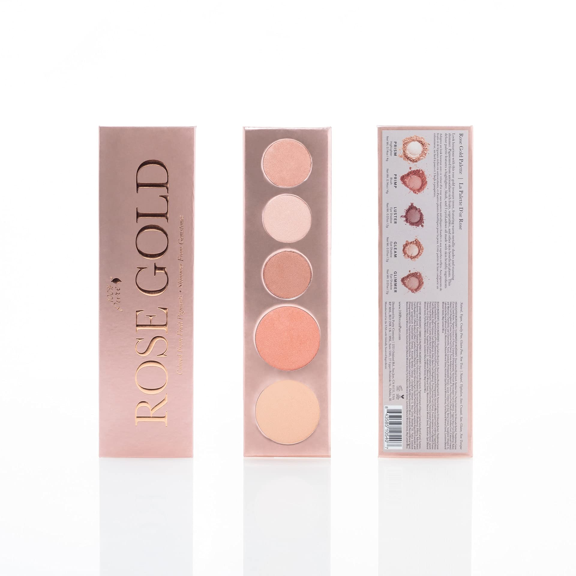 100% PURE Rose Gold palette swatches by day for a soft rosy glow.