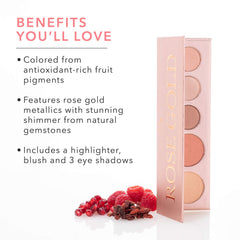 100% PURE Rose Gold palette swatches by night for warm metallic glam.