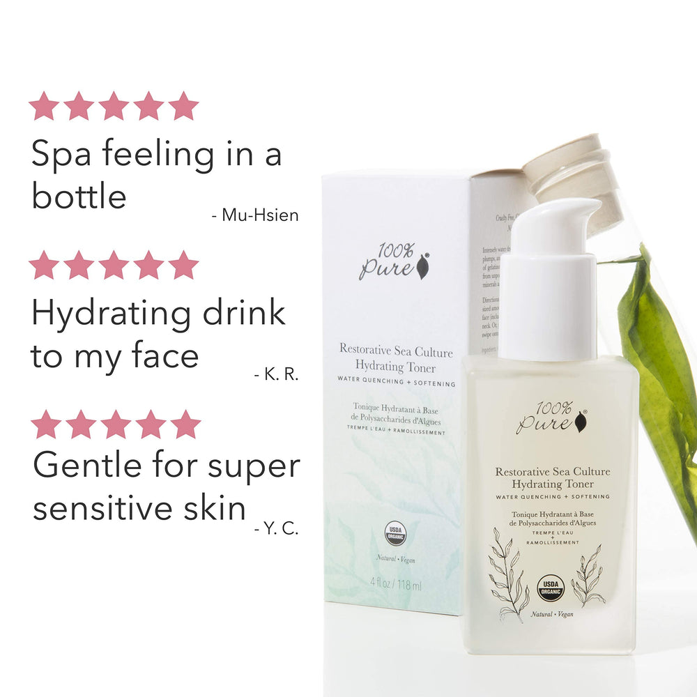 100% PURE Restorative Sea Essence Toner sea minerals from algae and kelp nourish skin.