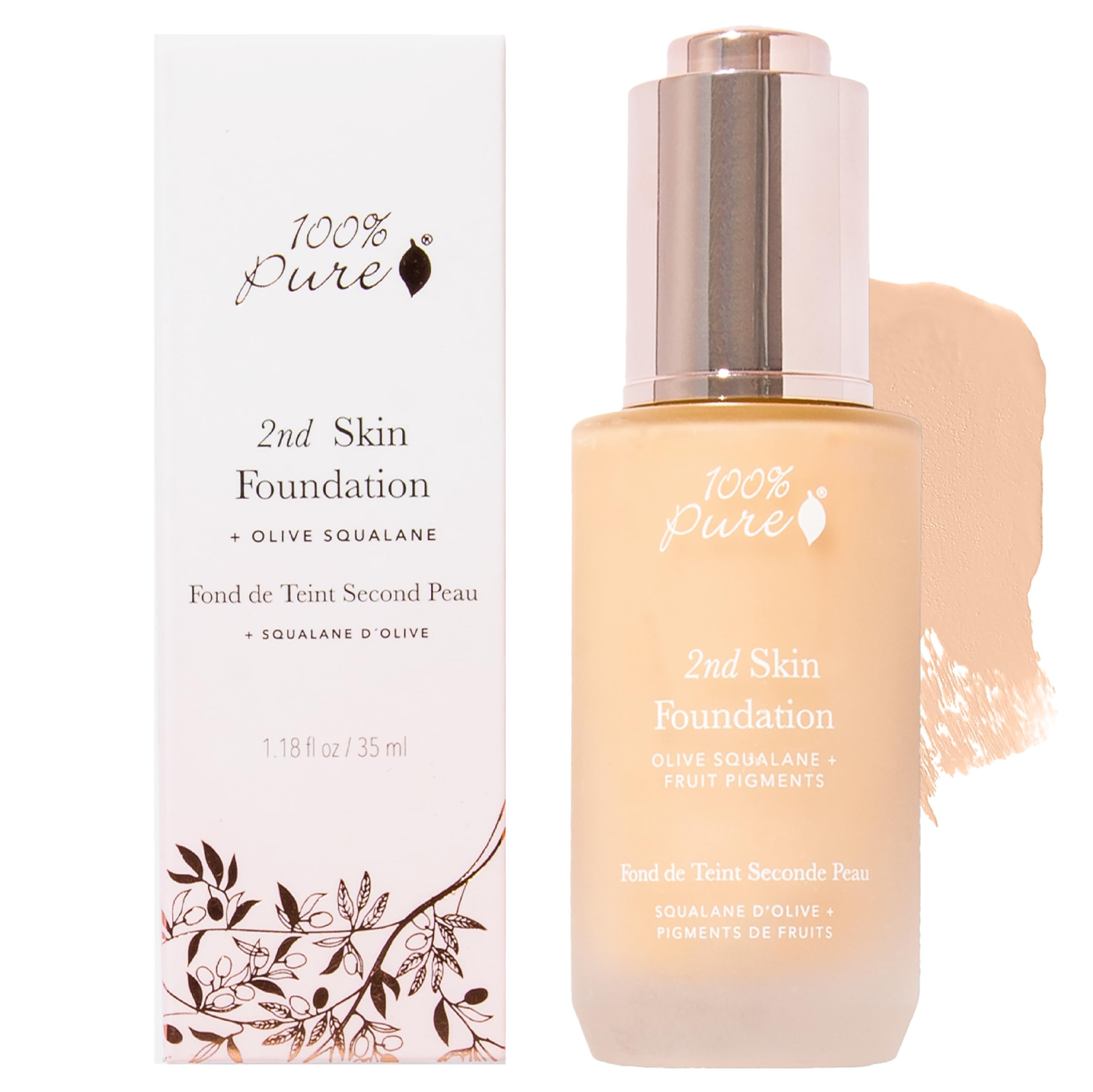100% PURE 2nd Skin Serum Foundation bottle with pump for smooth, even application.