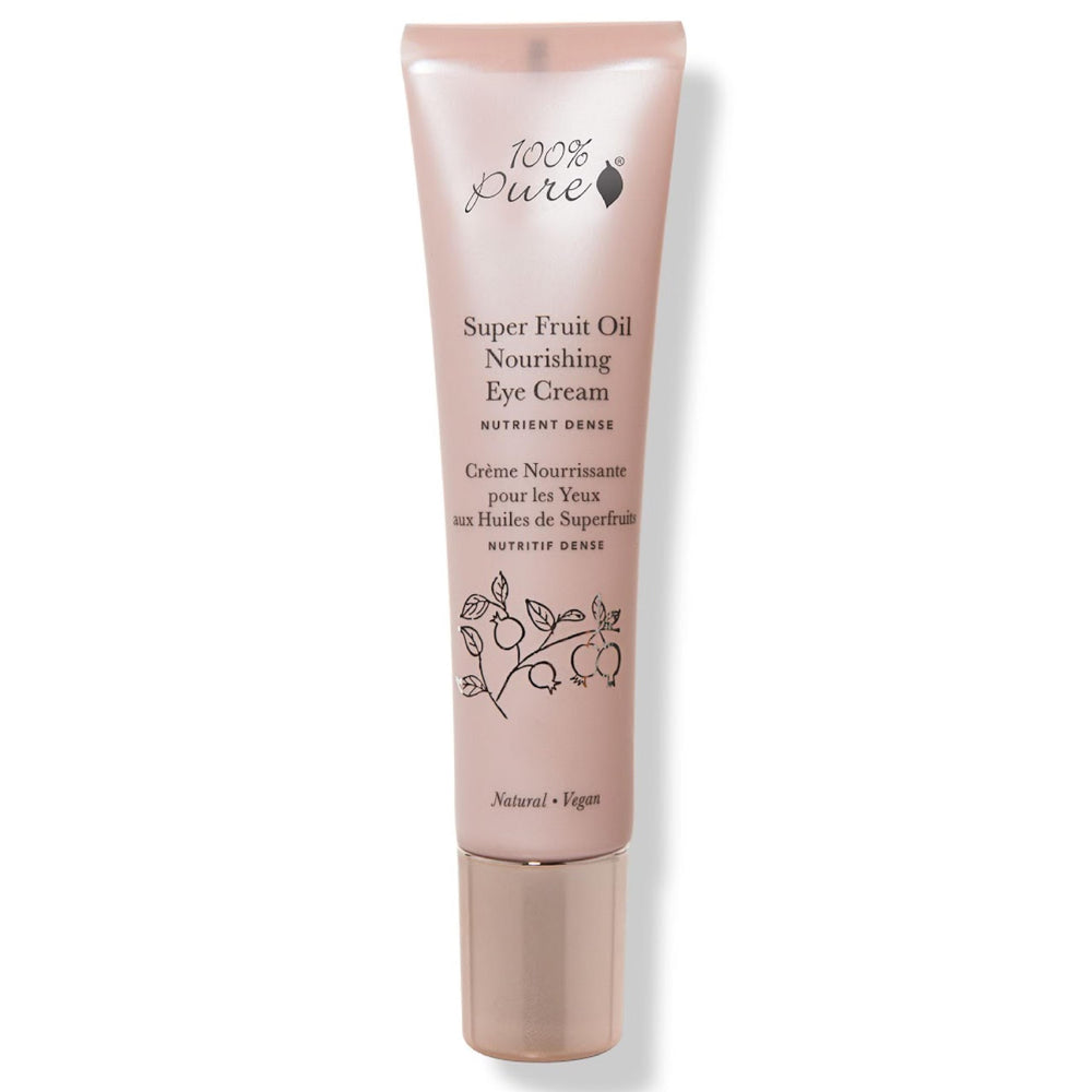 100% PURE Super Fruit Eye Cream jar close-up, rich hydration for delicate under-eye skin