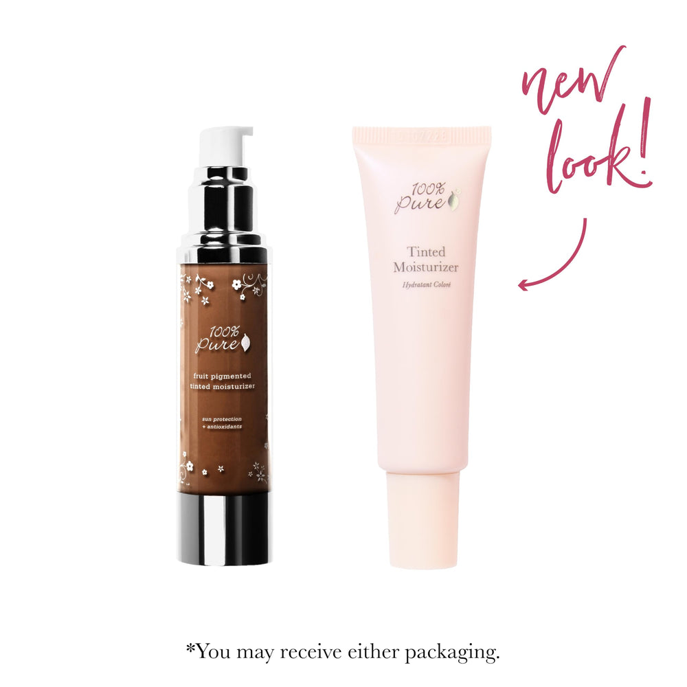 100% PURE Tinted Moisturizer cocoa medium bottle demonstrates versatile coverage