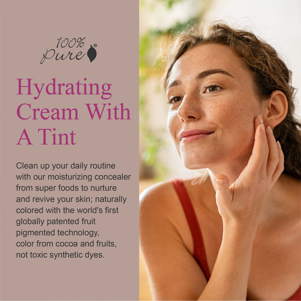 100% Pure tinted moisturizer swirl texture displaying smooth, lightweight application on skin