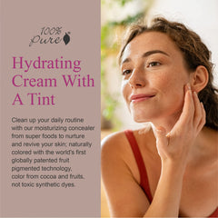 100% Pure tinted moisturizer swirl texture displaying smooth, lightweight application on skin