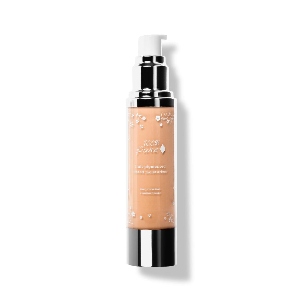 100% PURE tinted moisturizer bottle close-up showing hydrated, natural glow