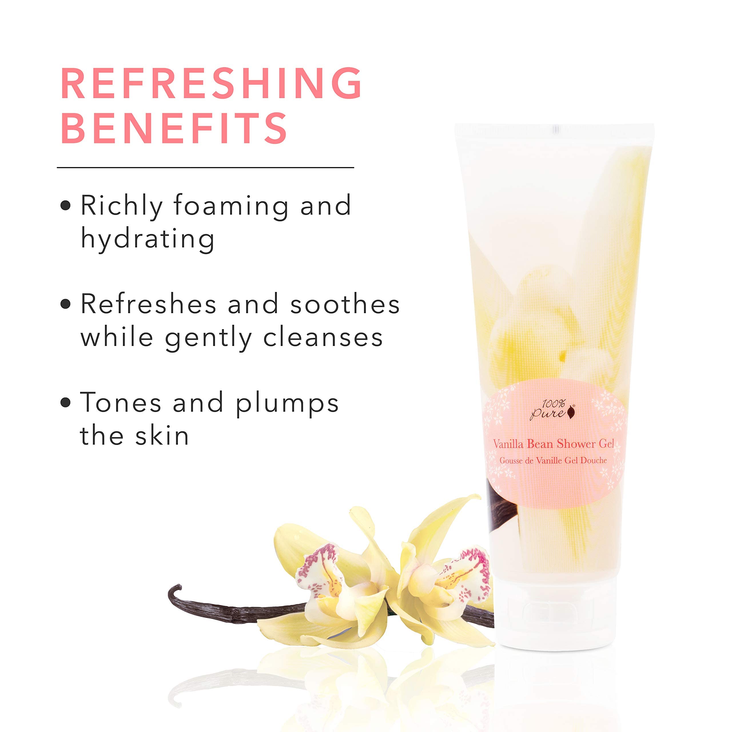Aloe and hyaluronic acid in 100% PURE Vanilla Bean Shower Gel for moisturized skin