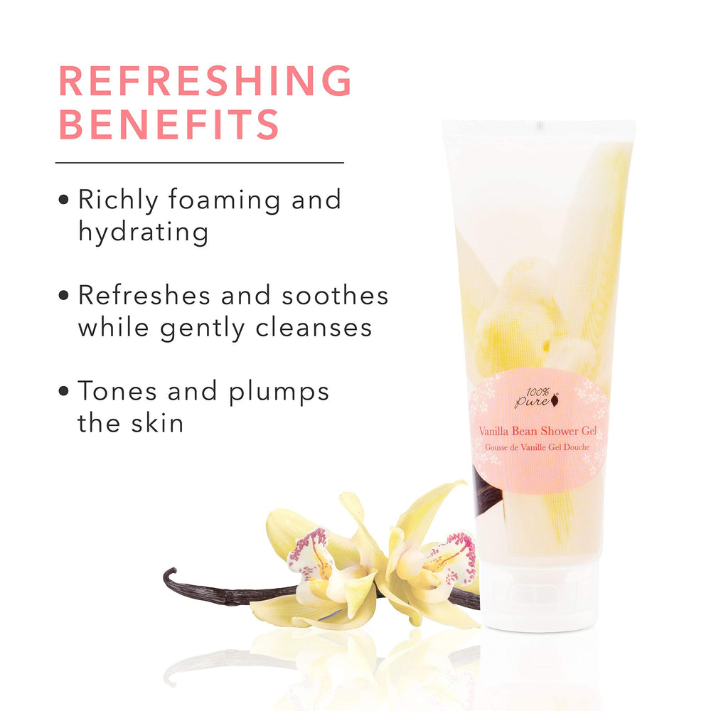 Aloe and hyaluronic acid in 100% PURE Vanilla Bean Shower Gel for moisturized skin